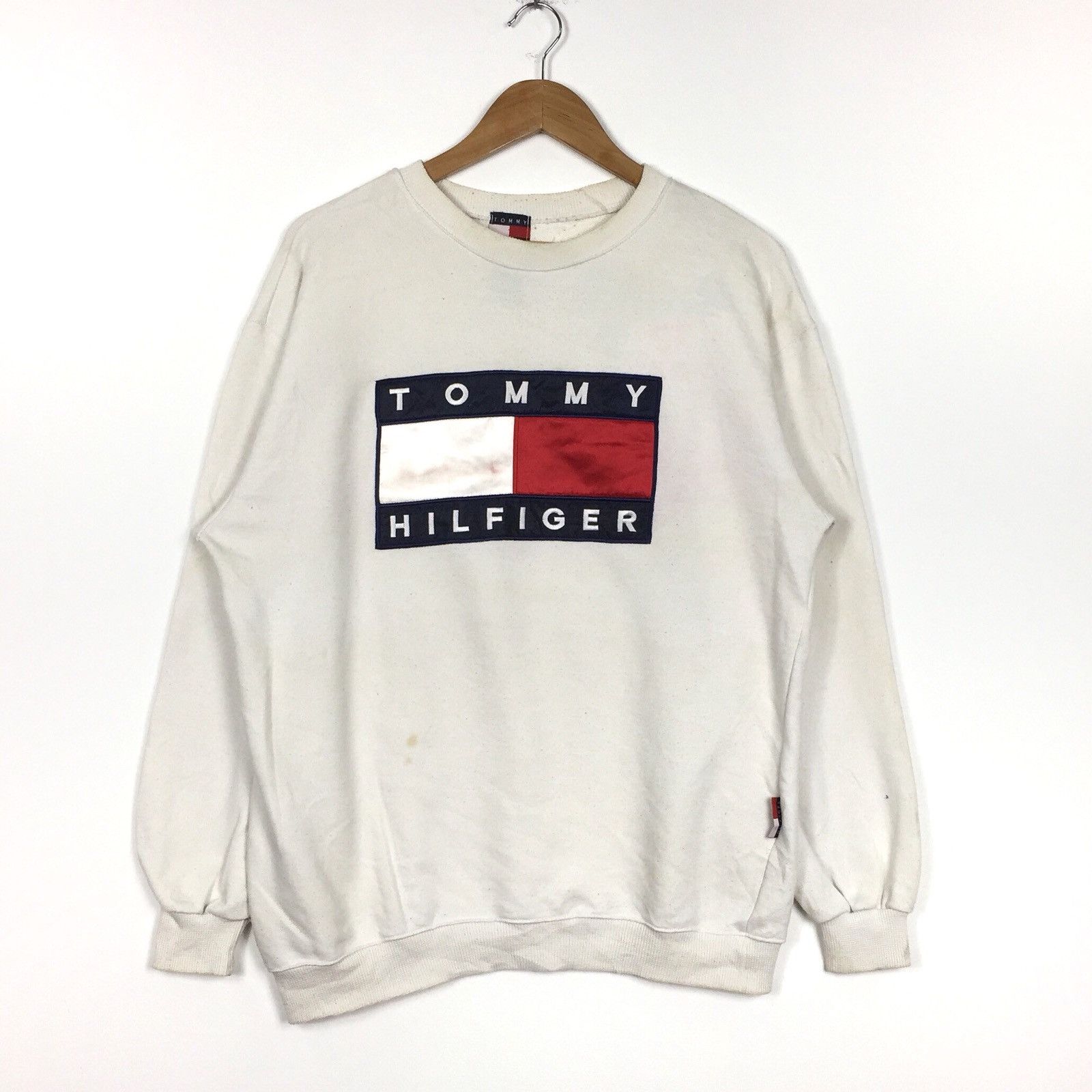 Tommy Hilfiger Vintage Vintage TOMMY HILFIGER Embroidery Spell Out Tommy Hilfiger Flag Big Logo White Crew Neck Sweatshirt Size Large Grailed