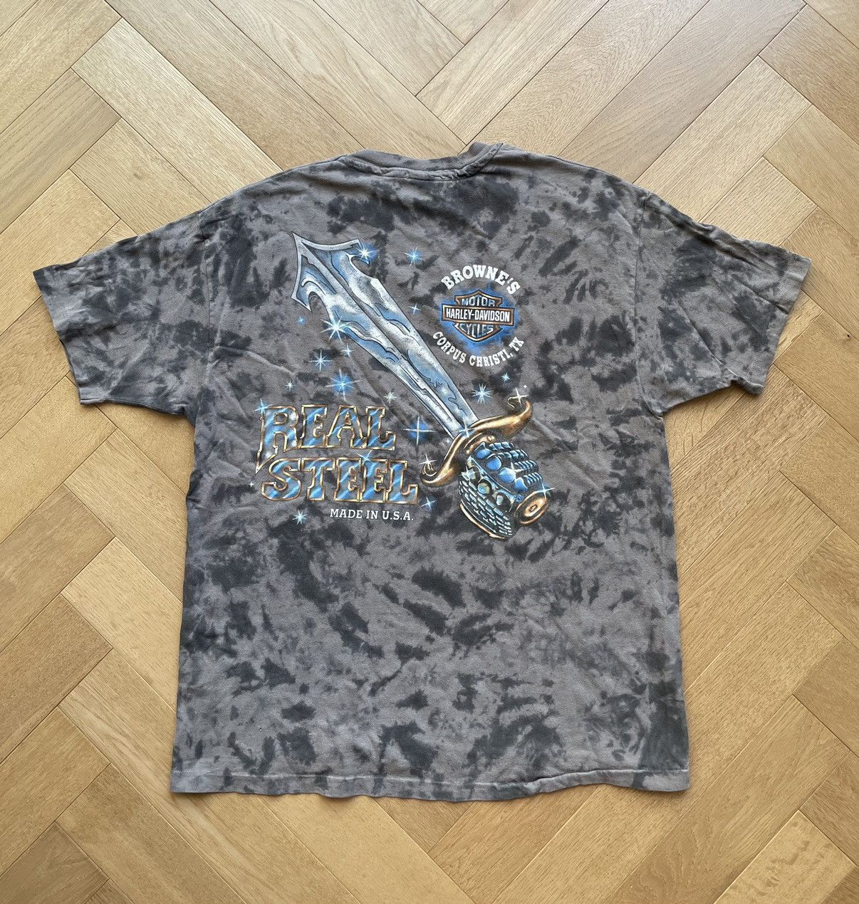 LAST DROP Vtg Harley Davidson T Shirt Real Steel 90s Tie Dye