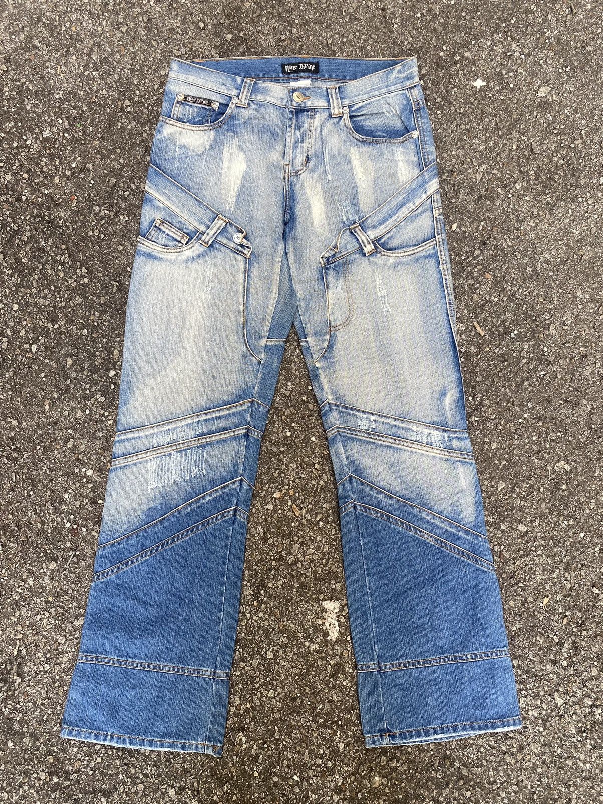 image of Avant Garde x Distressed Denim Flare Jeans Double Waist Distressed By Nine Devine in Denim (Size 32