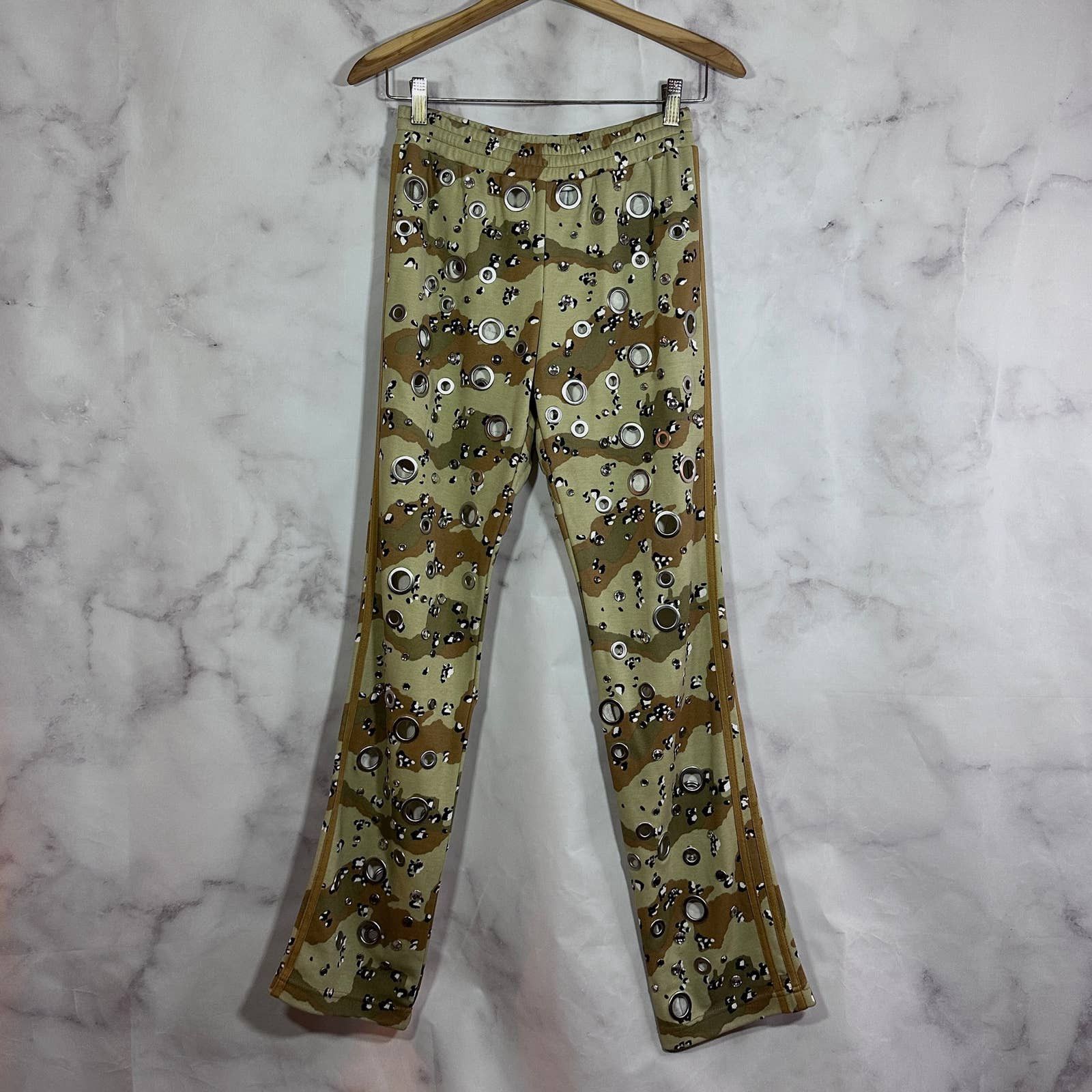 image of Adidas x Jeremy Scott Crystal Studded Camo Firebird Track Pants in Tan, Men's (Size 30)