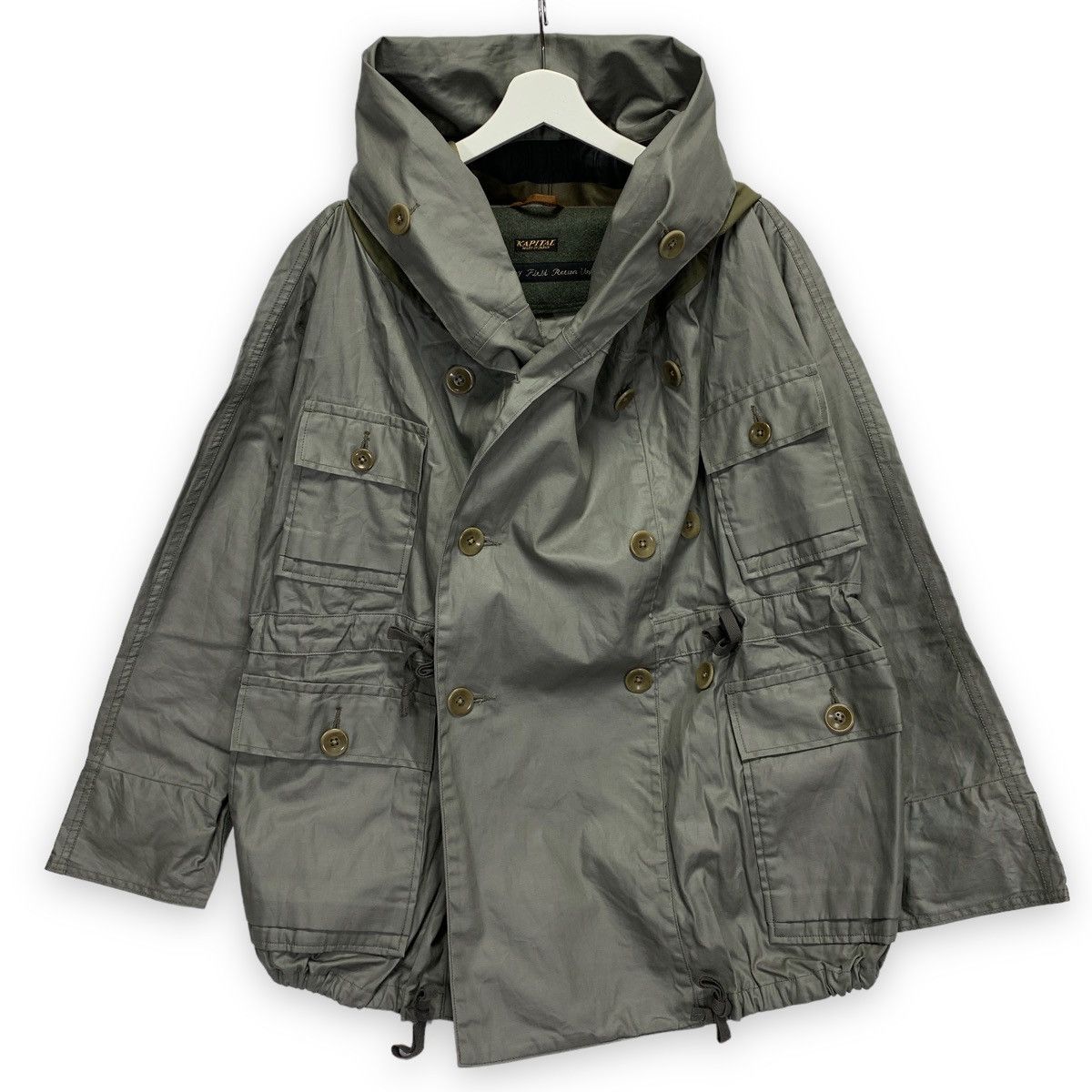 image of Kapital Kiro Hirata Army Waxed Cotton Katsuragi Ring Coat in Olive, Men's (Size Small)