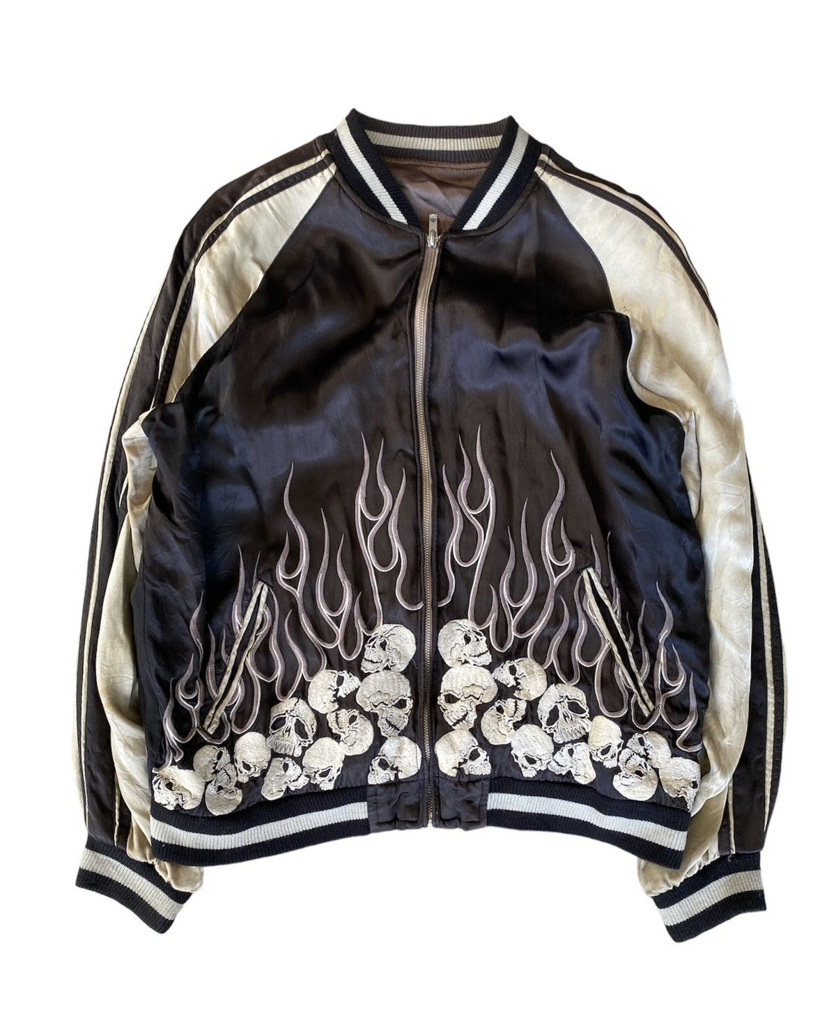 Japanese Brand Vtg Skull and Fire Flame embroidered Reversible Back Street Size US L / EU 52-54 / 3 - 1 Thumbnail