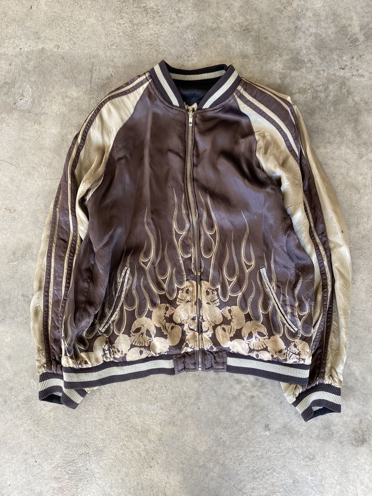 Japanese Brand Vtg Skull and Fire Flame embroidered Reversible Back Street Size US L / EU 52-54 / 3 - 14 Thumbnail