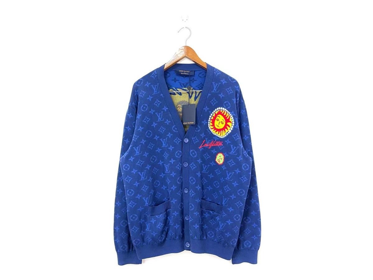 image of Louis Vuitton Lv X Yk Monogram Faces Knitted Cardigan in Blue, Men's (Size XL)