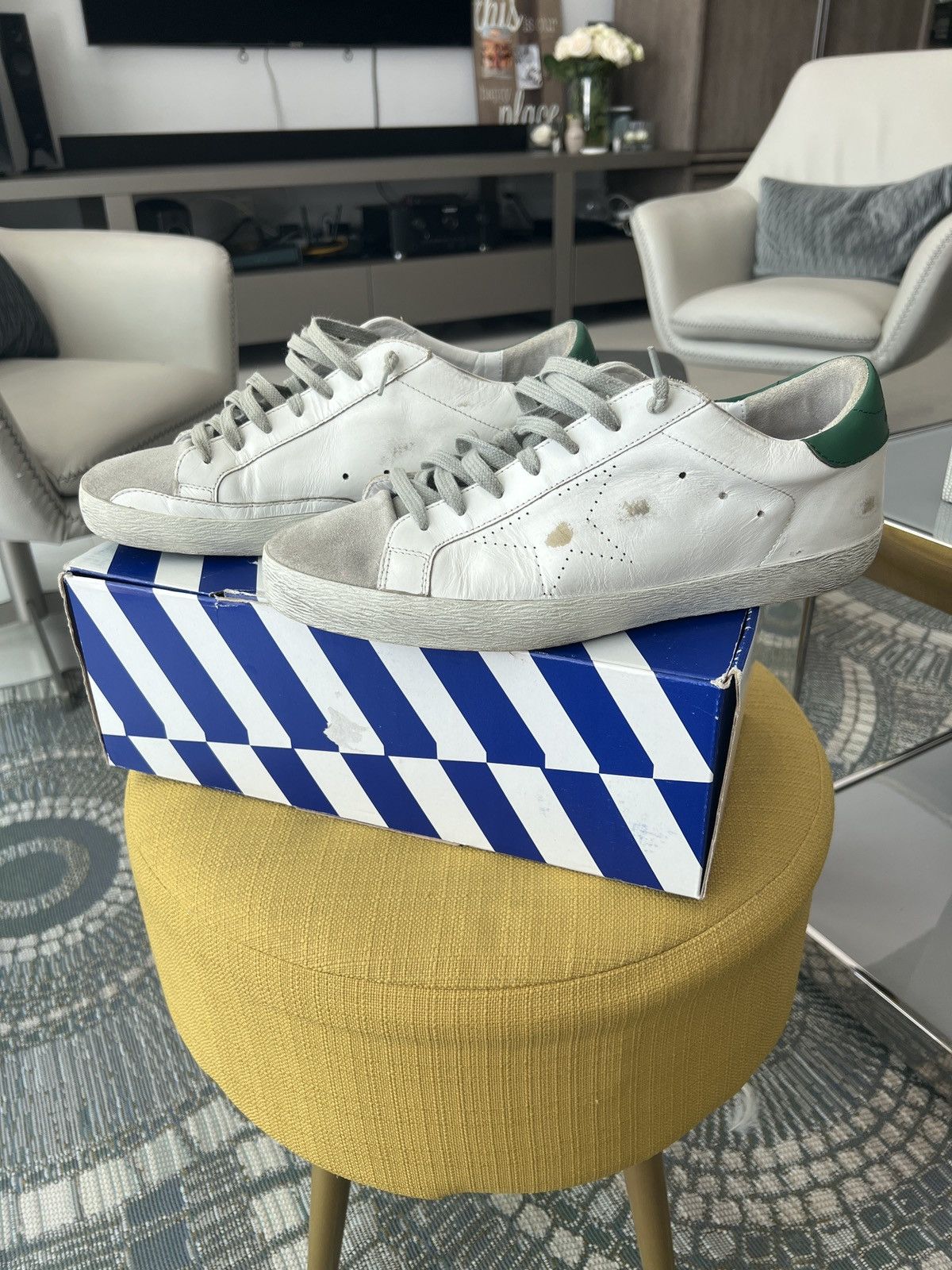 image of Golden Goose Superstar Skate Sneakers in White Green Grey, Men's (Size 10)