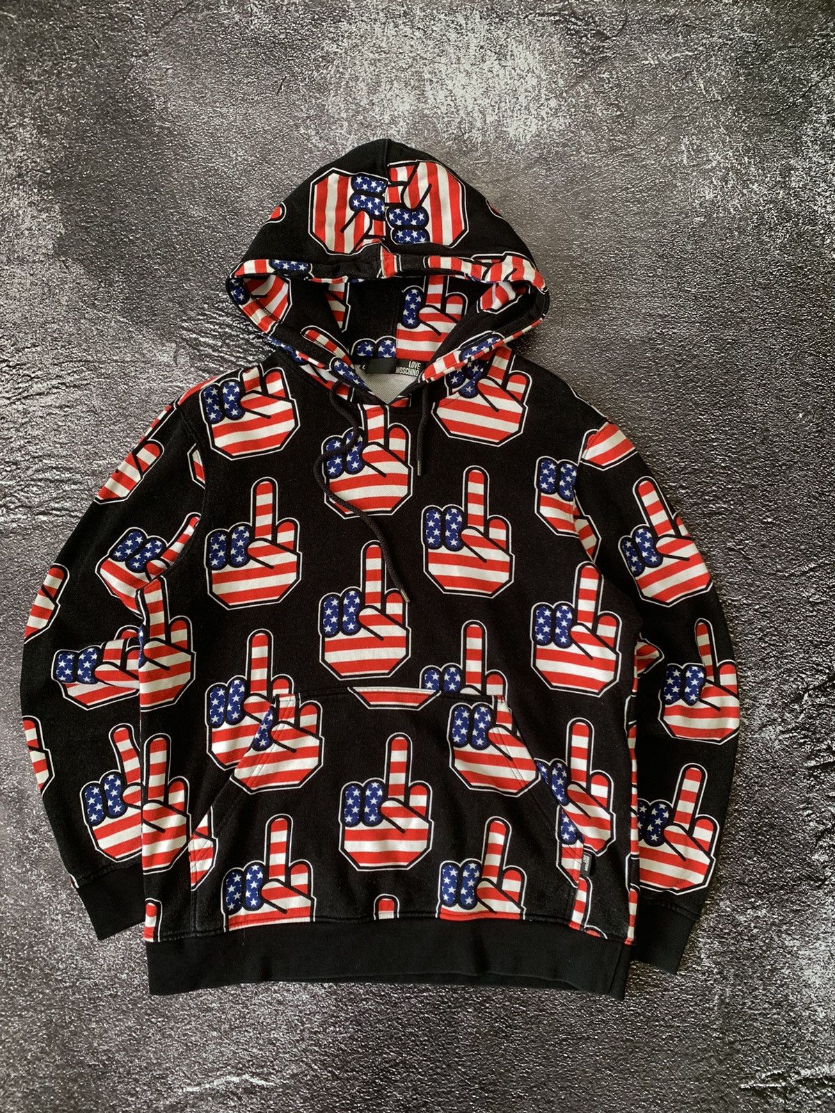 image of Love Moschino American Flag, Middle Finger Hoodie Size L in Black, Men's