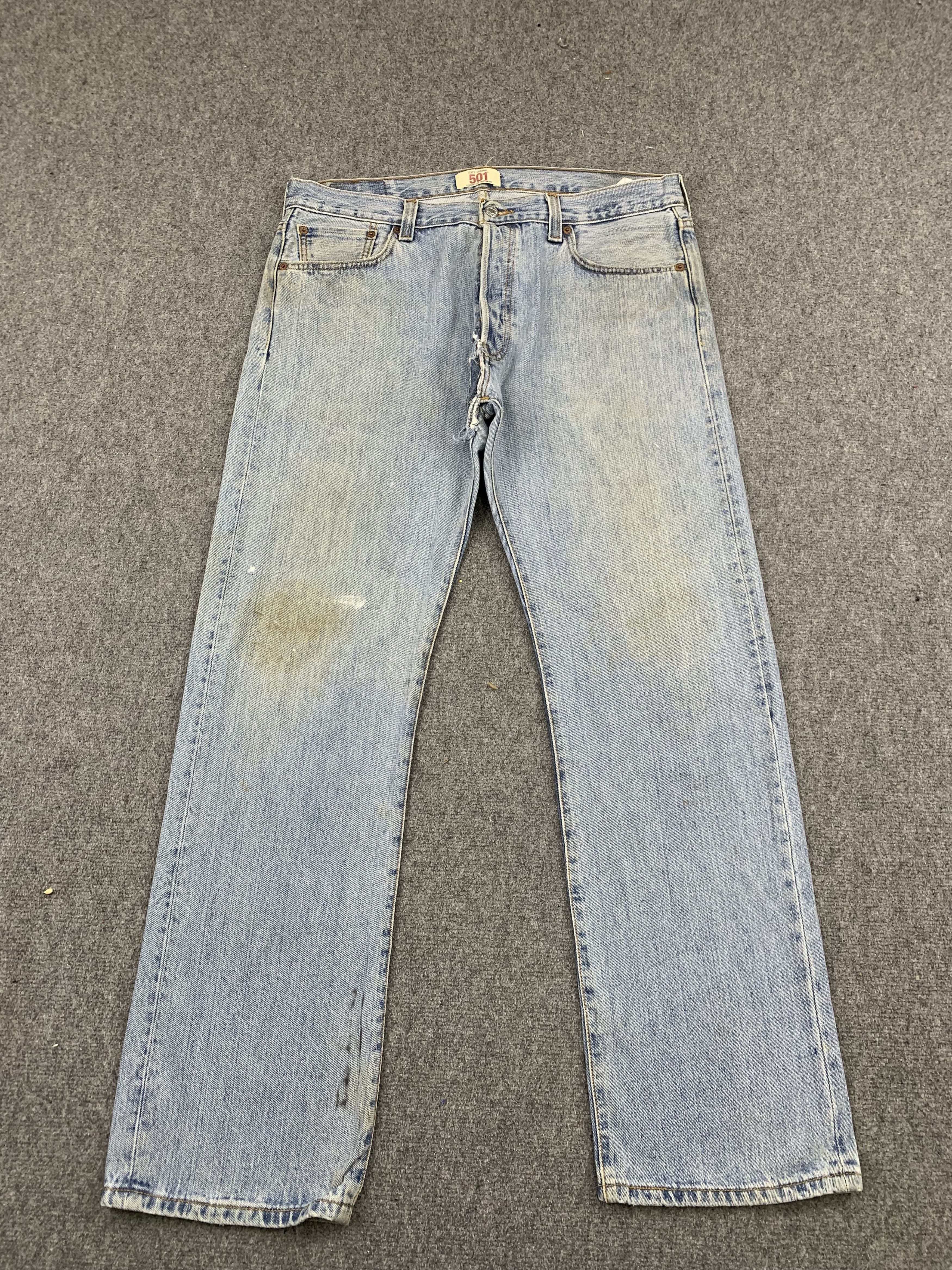 image of Distressed Levis 501 Faded Blue Jeans in Blue Denim, Men's (Size 38)
