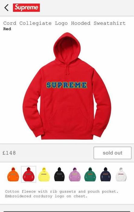 Supreme Cord Collegiate Logo Hooded Sweatshirt | Grailed