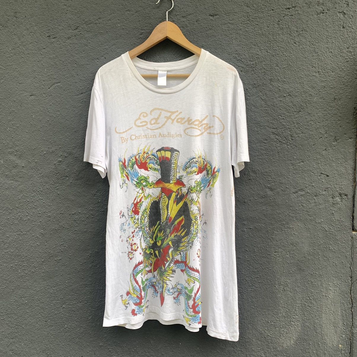 image of By Christian Audigier Dragon Tattoo Design Tee in White, Men's (Size Large)