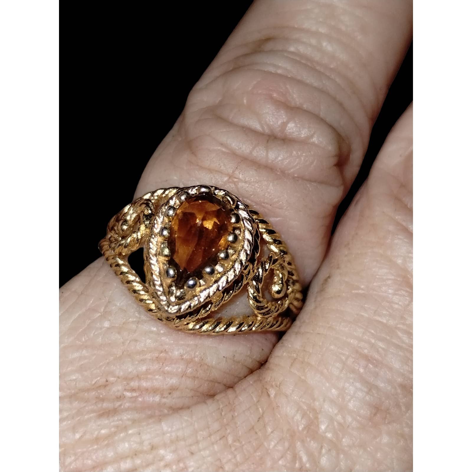Gold filigree size 7 vintage ~dark citrine ring.