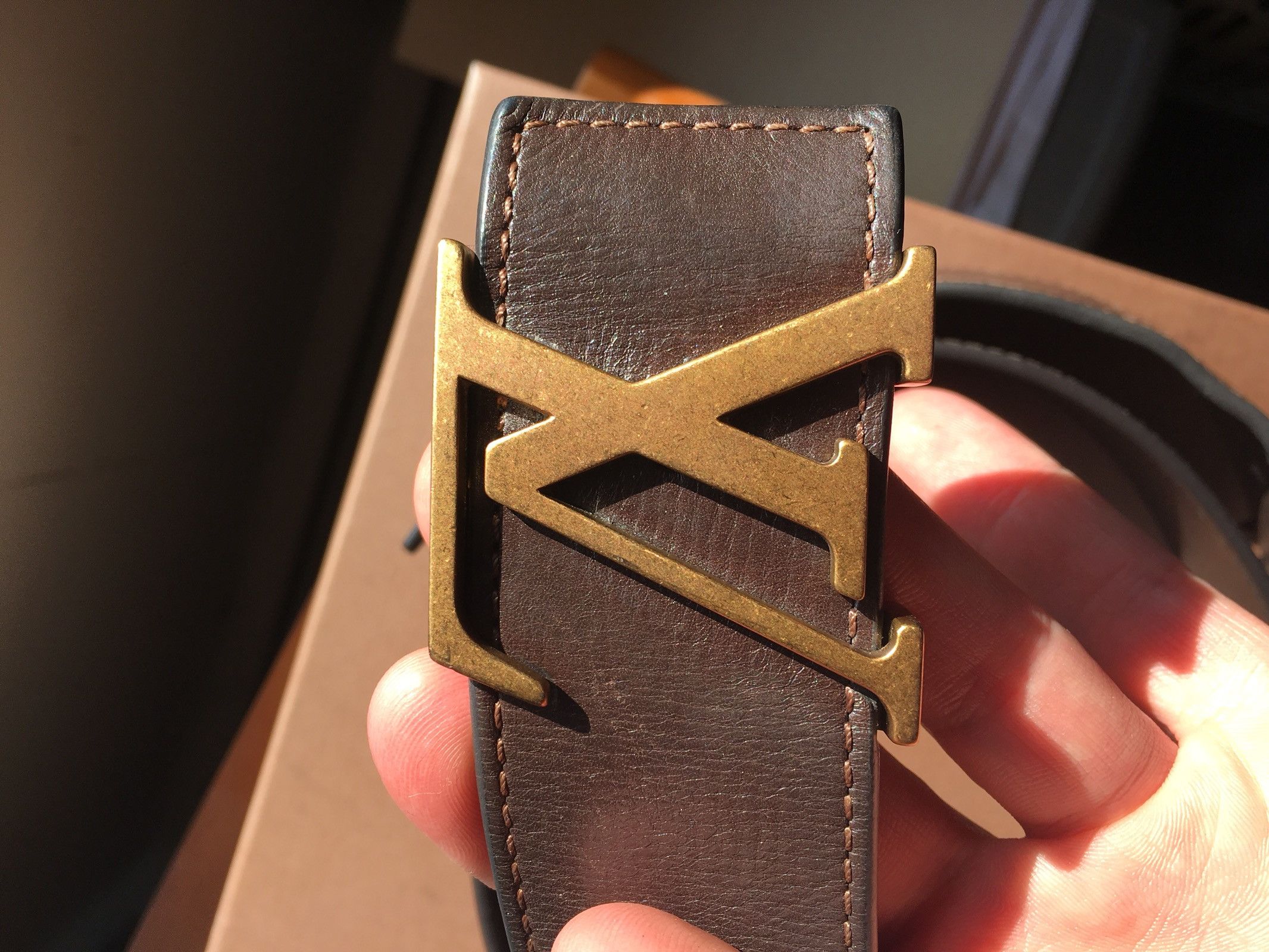 LOUIS VUITTON Brown Leather Belt MEN'S LV UTAH Initial Gold Buckle 40mm