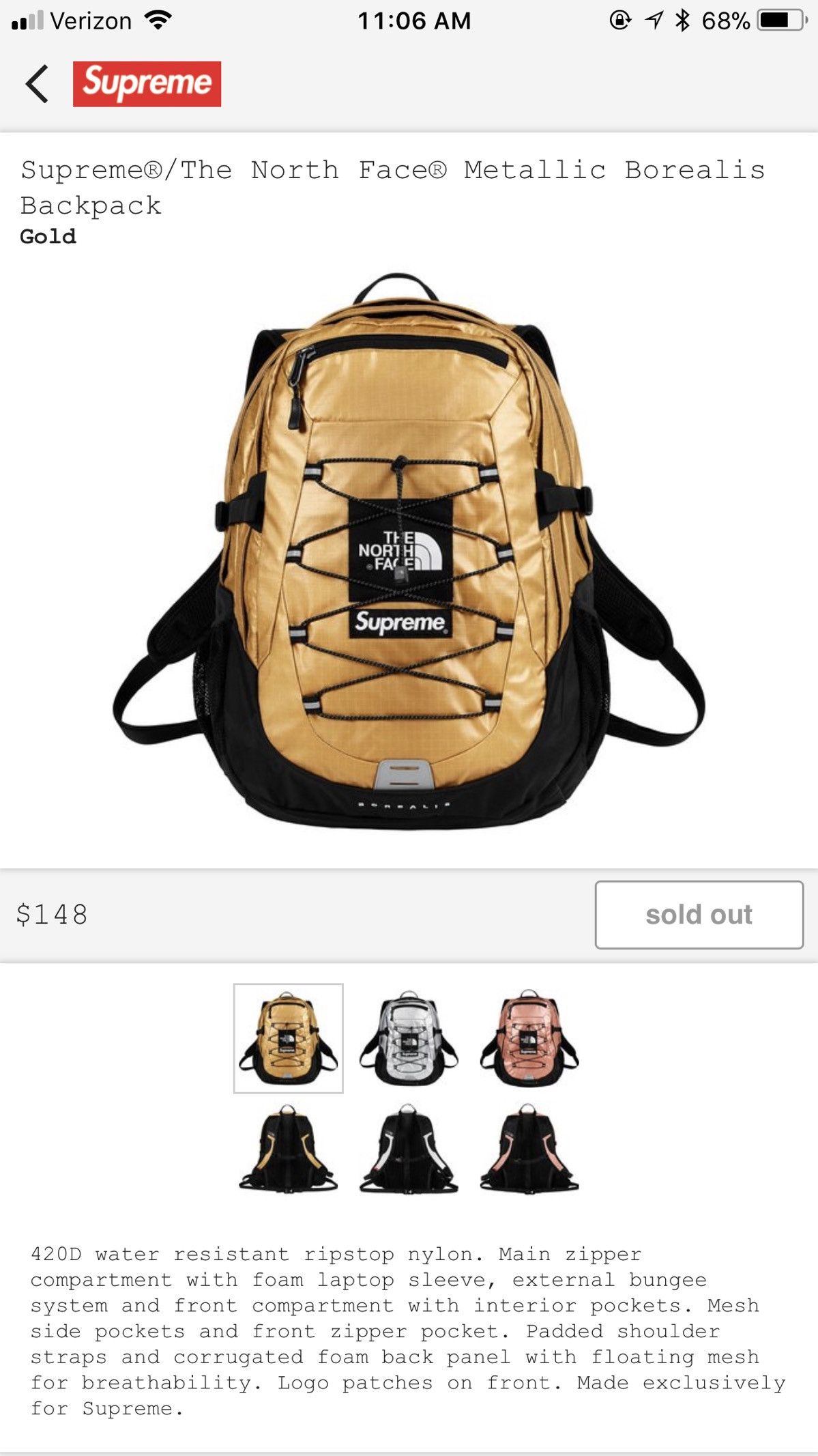 Supreme the north face metallic shoulder bag gold on sale