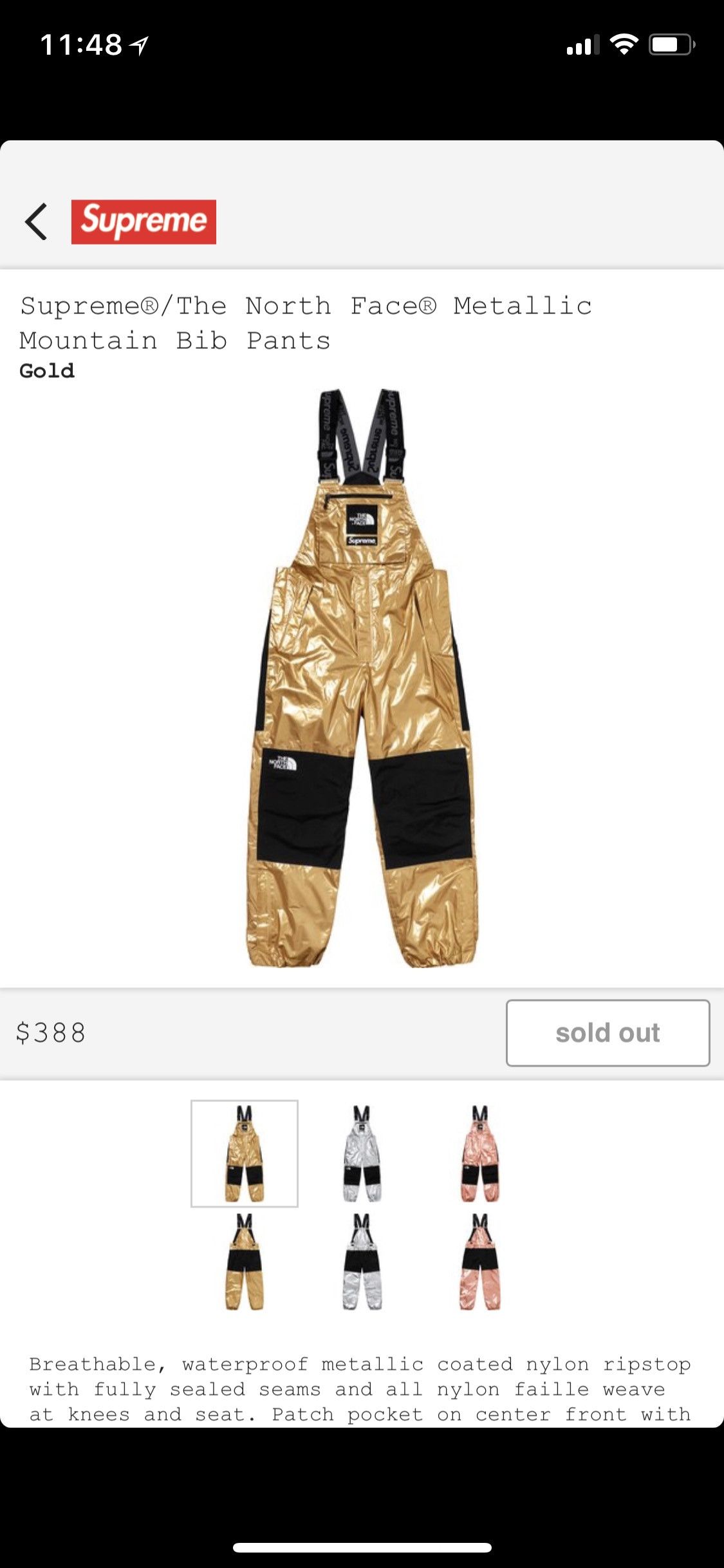 Supreme the north face hot sale metallic mountain bib pants