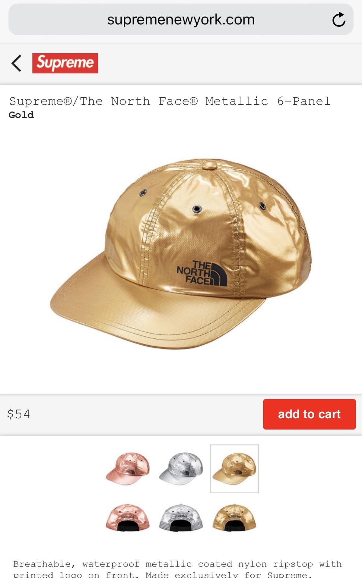 Supreme×THE NORTH FACE 6Panel Hat ゴールド Supreme Supreme x The North Face Metallic 6-Panel Cap 'Gold