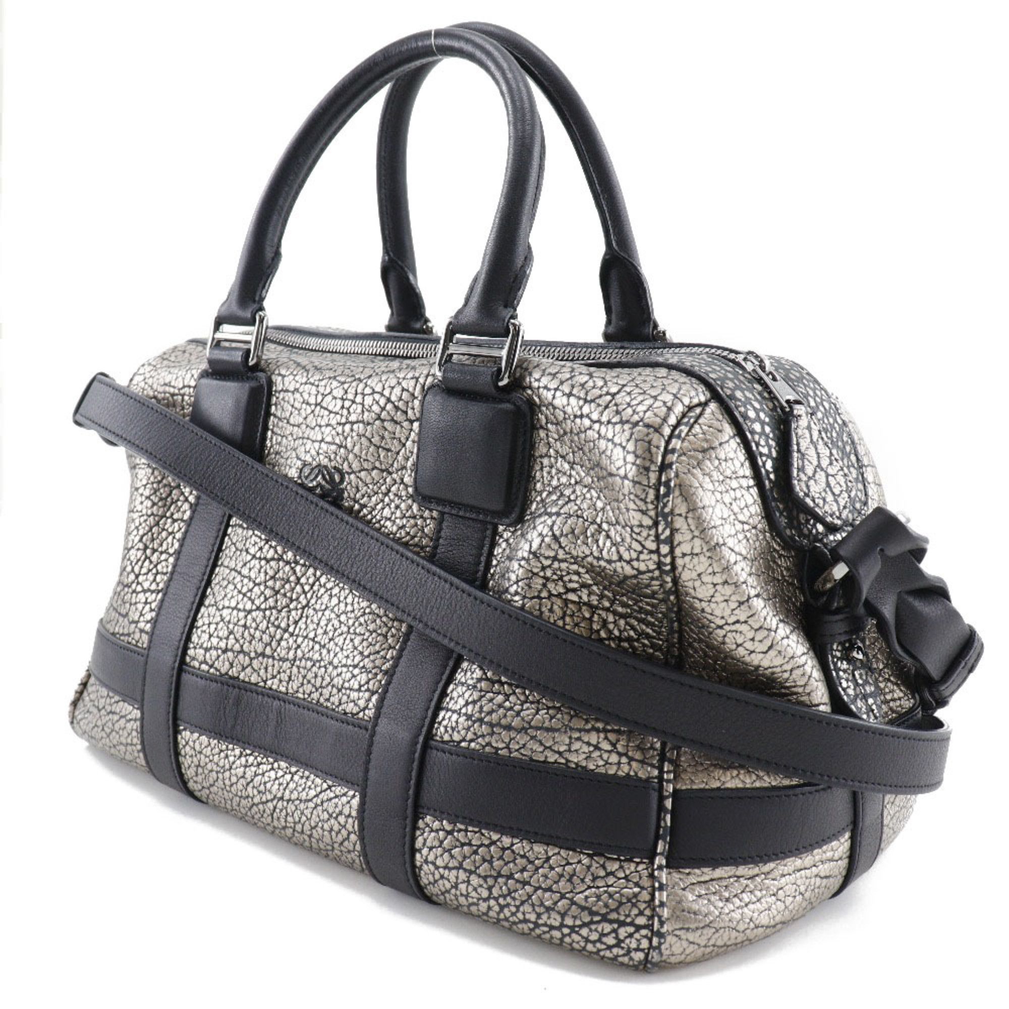 Loewe 2WAY Shoulder Handbag Mini Boston Calf Black/Silver Ladies