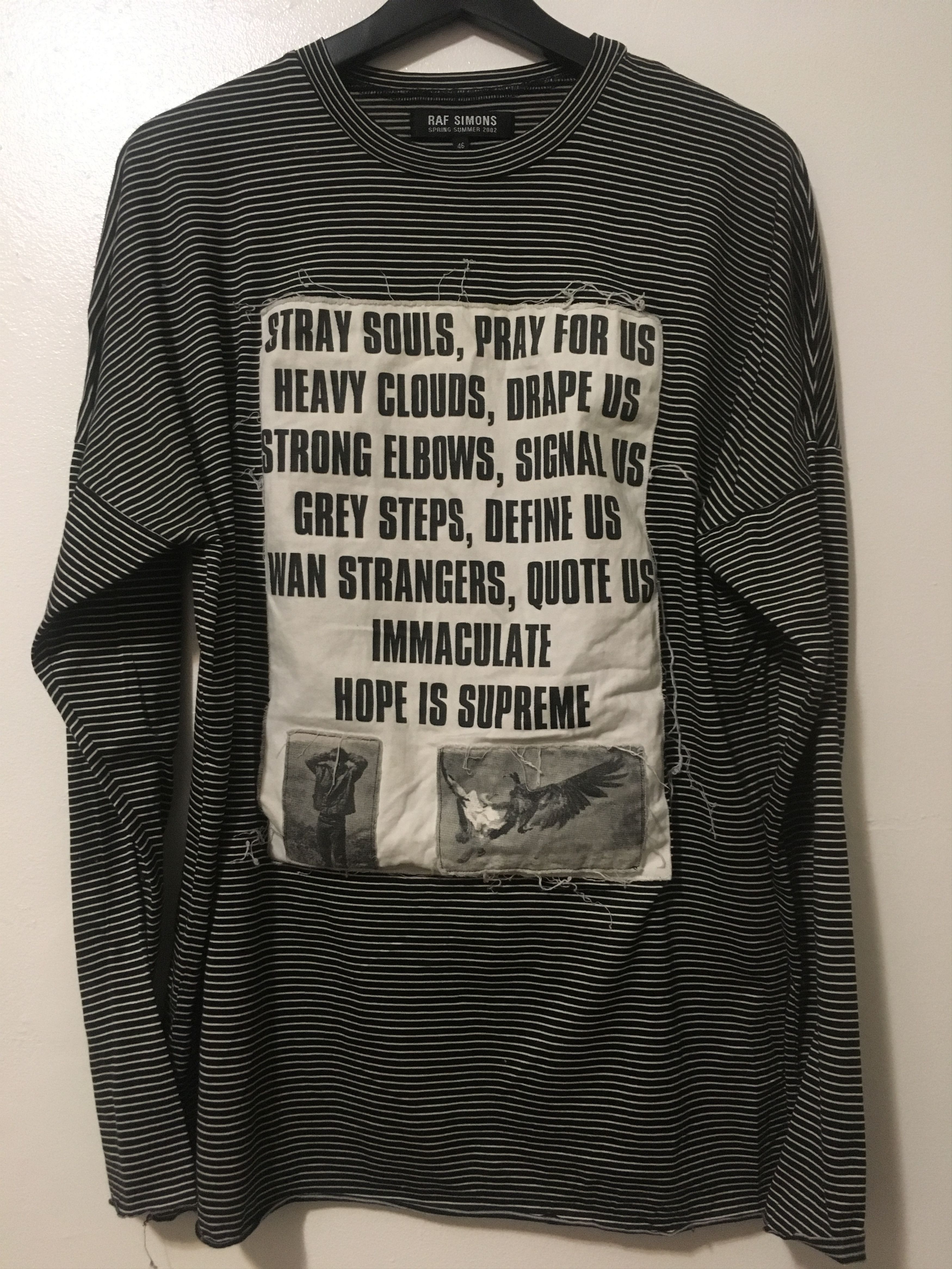 RARE Raf Simons "Stray Souls..." longsleeve with patches from SS02 "Woe Unto Those.." collection. Full-chest patch detail & b/w stripe pattern. Marked size 46 / fits 44-to-slim 48