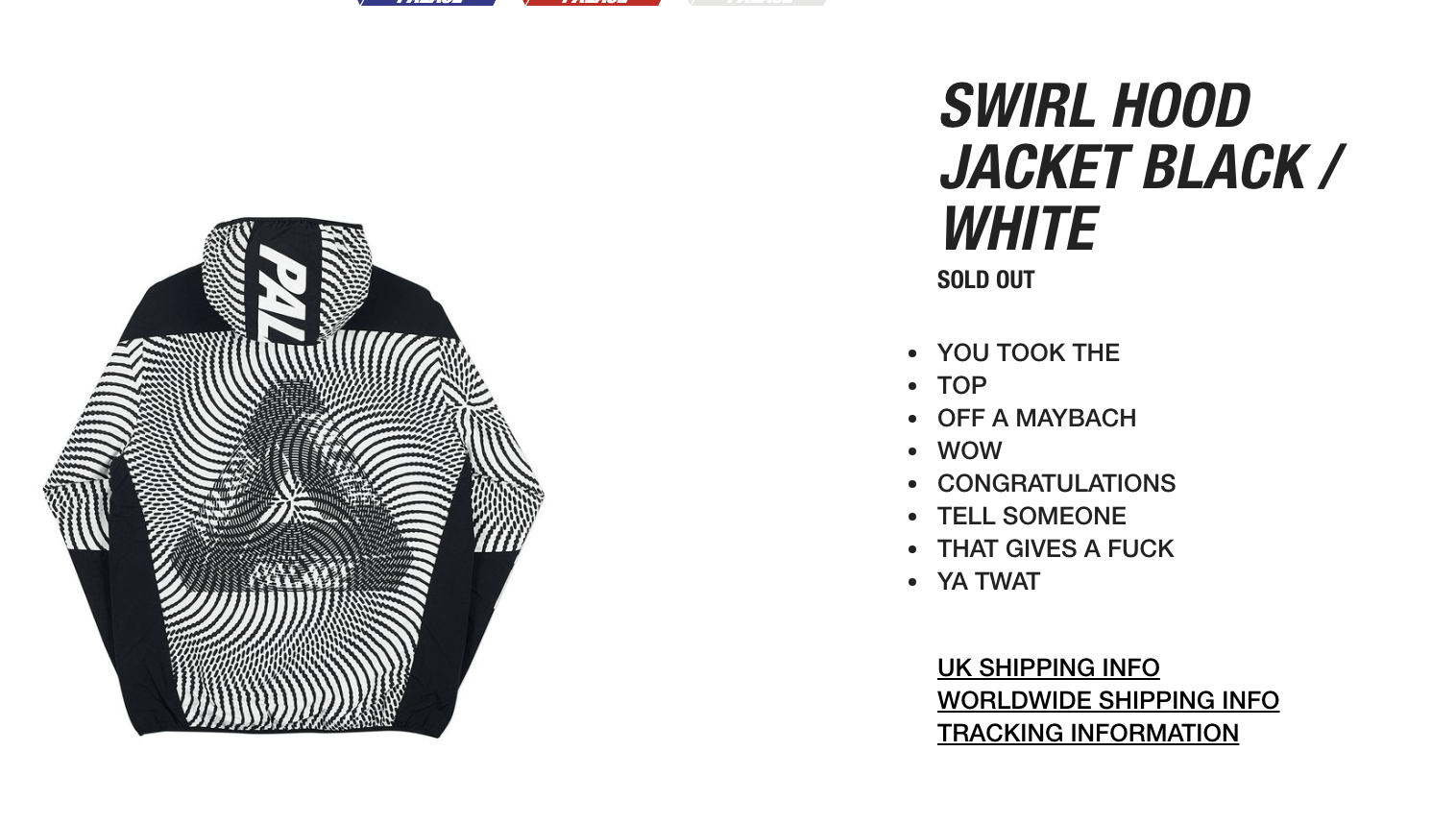 Palace SWIRL HOOD JACKET BLACK / WHITE | Grailed