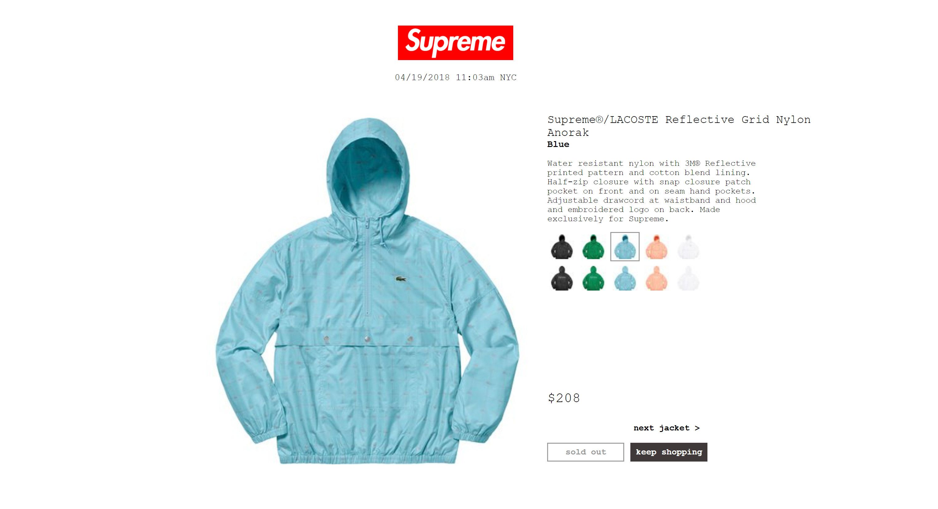 Supreme Supreme LACOSTE Reflective Grid Nylon Anorak BLUE Grailed