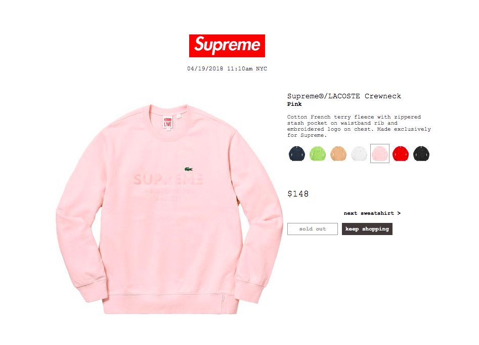 Supreme lacoste hotsell crewneck pink