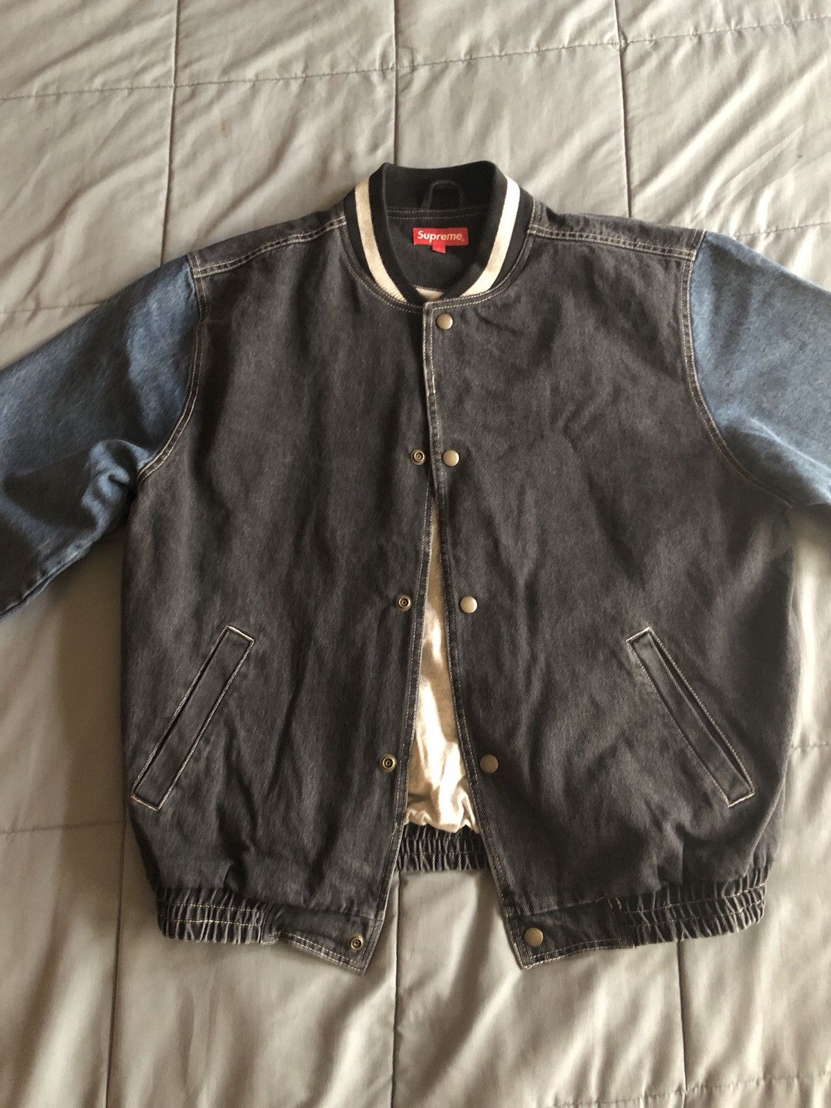 Supreme denim varsity jacket black online