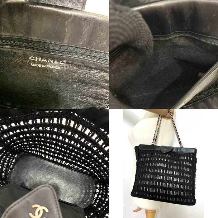 Chanel CHANEL Bag Chain Tote Black Mesh Stitch Handbag Coco Mark Ladies  Canvas x Leather
