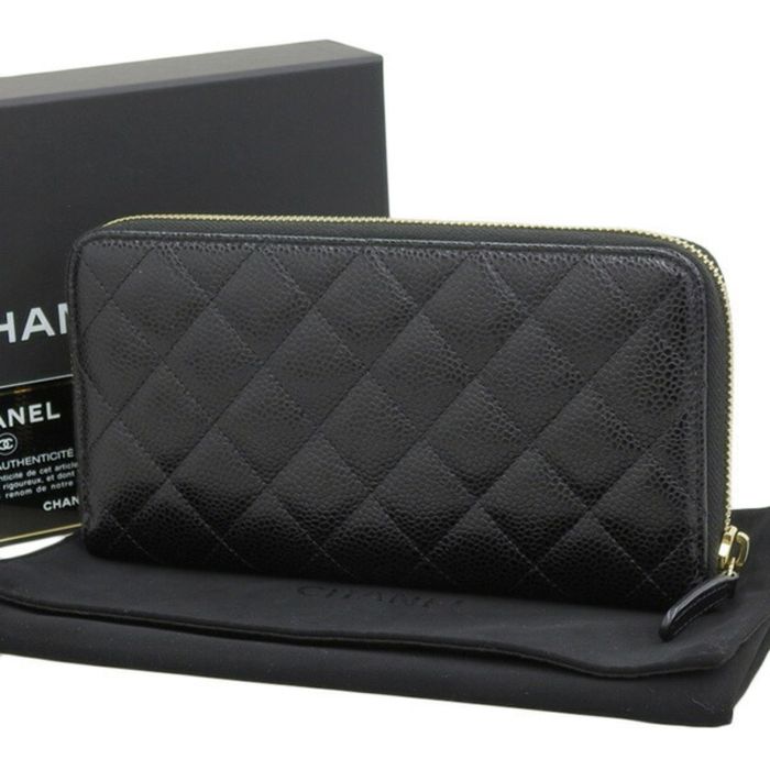 Chanel Long Wallet Round Zipper Camellia Caviar Skin Leather Black