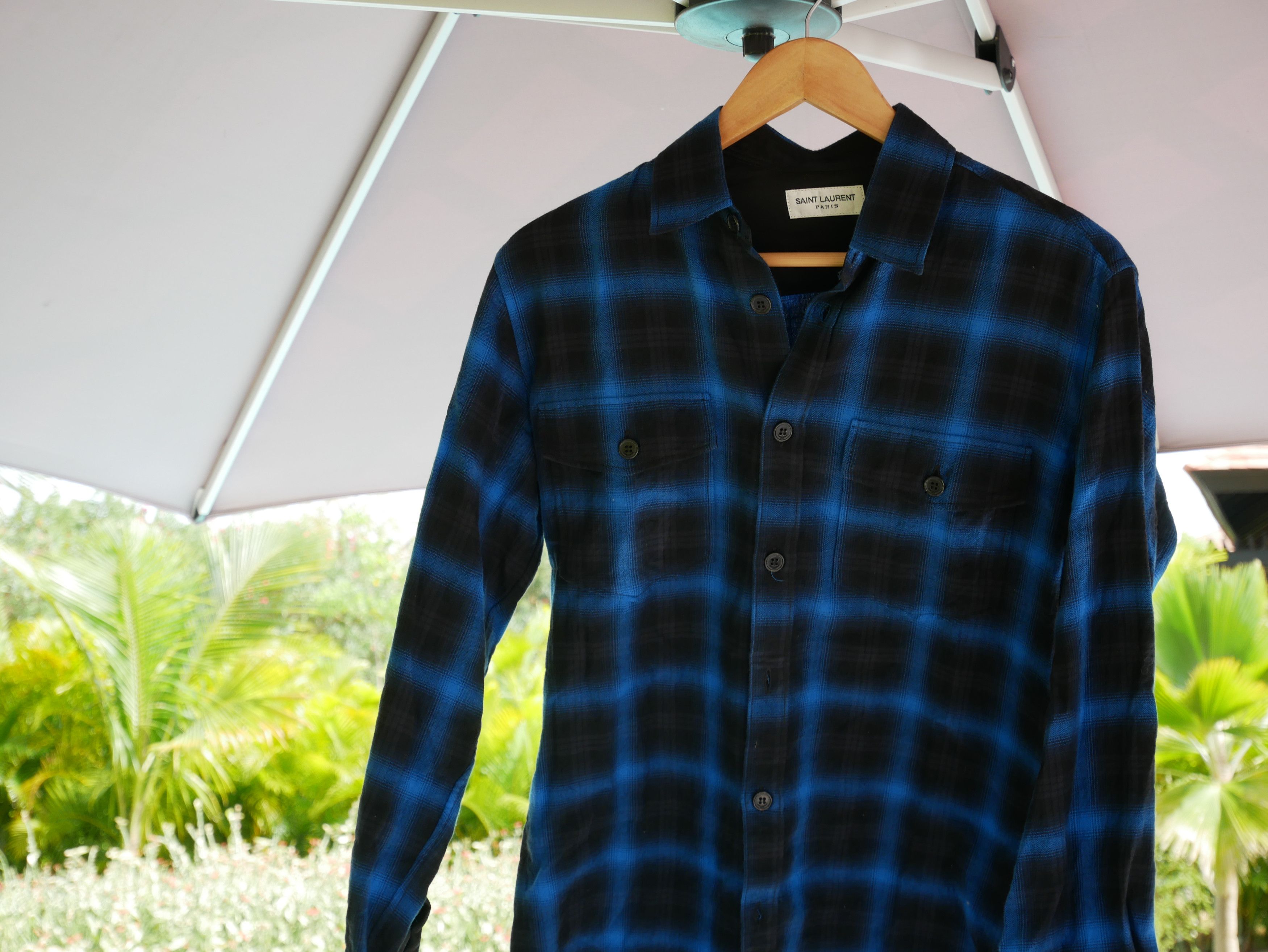 Pre-owned Saint Laurent Oversized Blue And Black Tartan Plaid Cotton Flannel