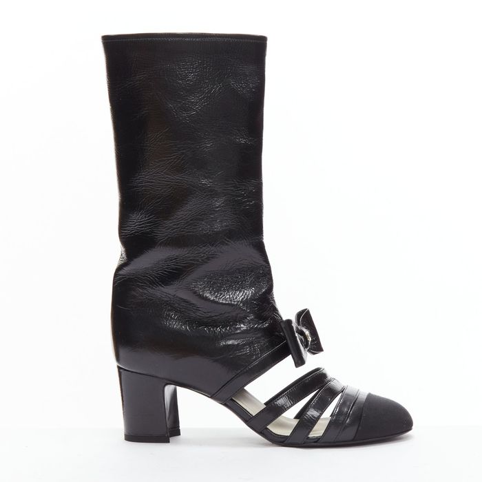 Chanel CHANEL 2023 Runway silver CC bow black leather cut out boots EU38.5