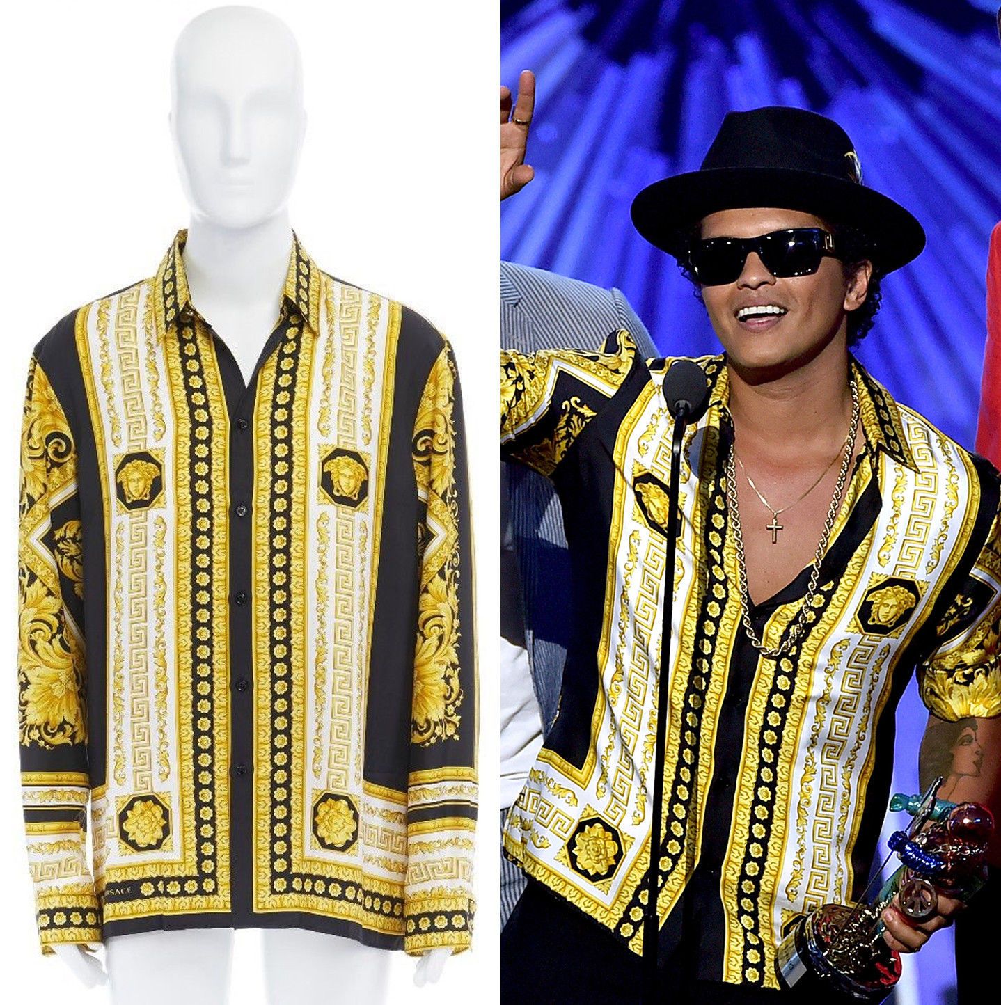 Versace new VERSACE Bruno Mars black white gold Medusa rococo print silk  shirt top XXL