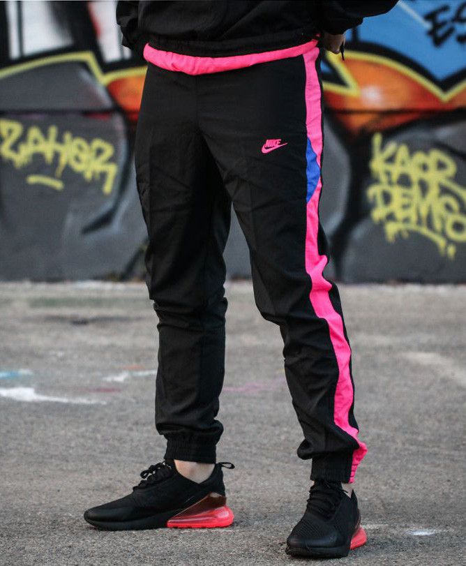 Nike Sportswear New 100 Nike Sportswear Nylon Vaporwave Track Pants Zipper Pockets Black Hot Pink Crystal Blue AO7665 010 Men s 34 Large US