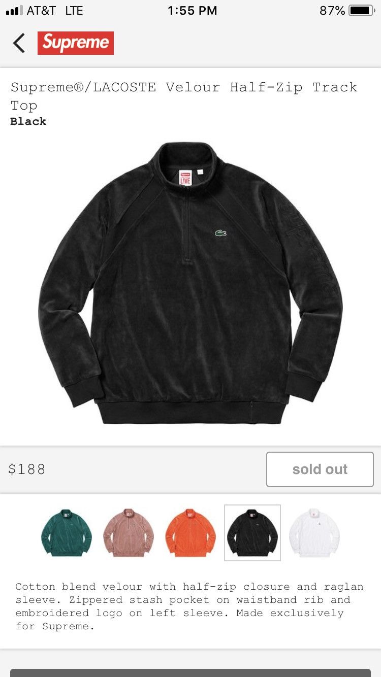 Supreme Supreme X Lacoste Velour Half Zip Track Top | Grailed