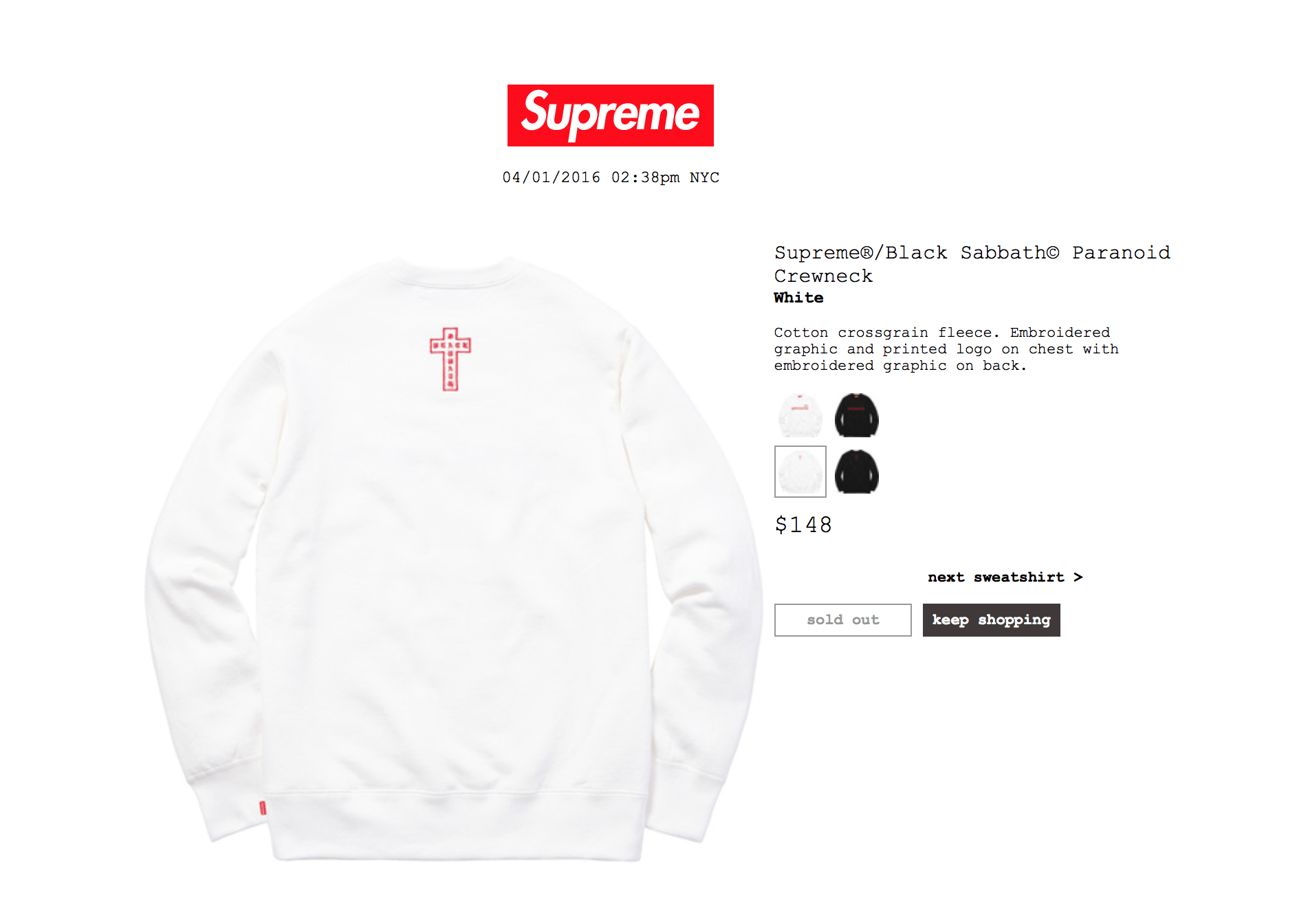 トップス SUPREME Black Sabbath Paranoid Crewneck Black Sabbath × Supreme Supreme / Black Sabbath Paranoid