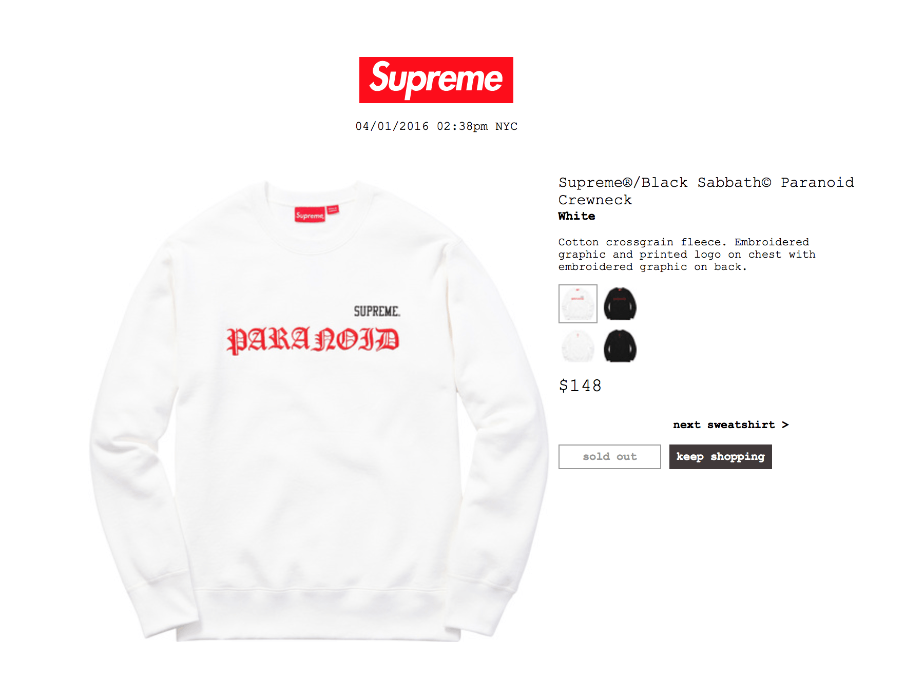 Supreme Supreme x Black Sabbath Paranoid Crewneck | Grailed