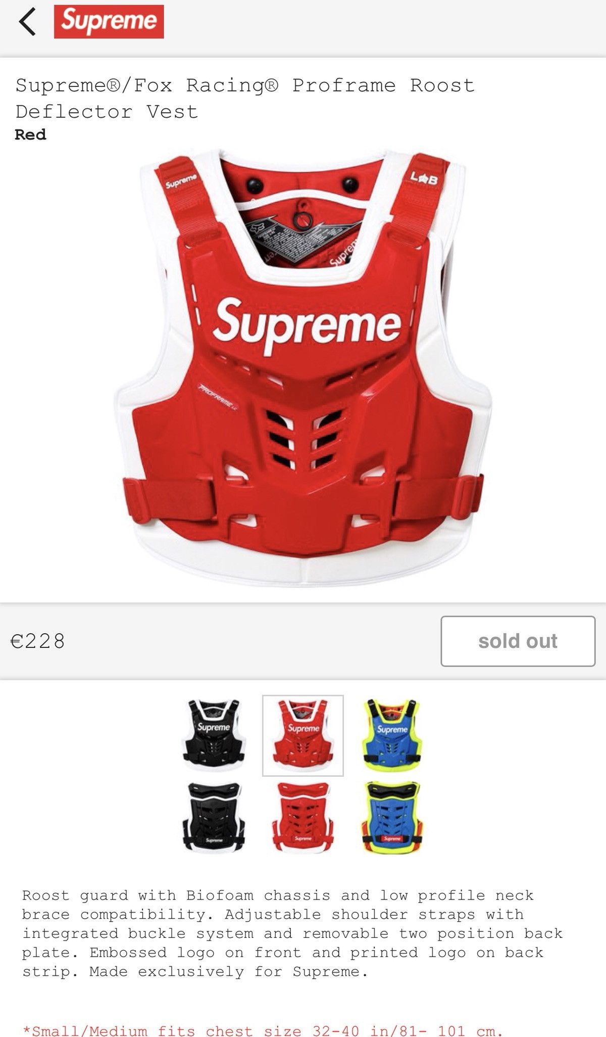 Supreme Supreme®/Fox Racing® Proframe Roost Deflector Vest S/M