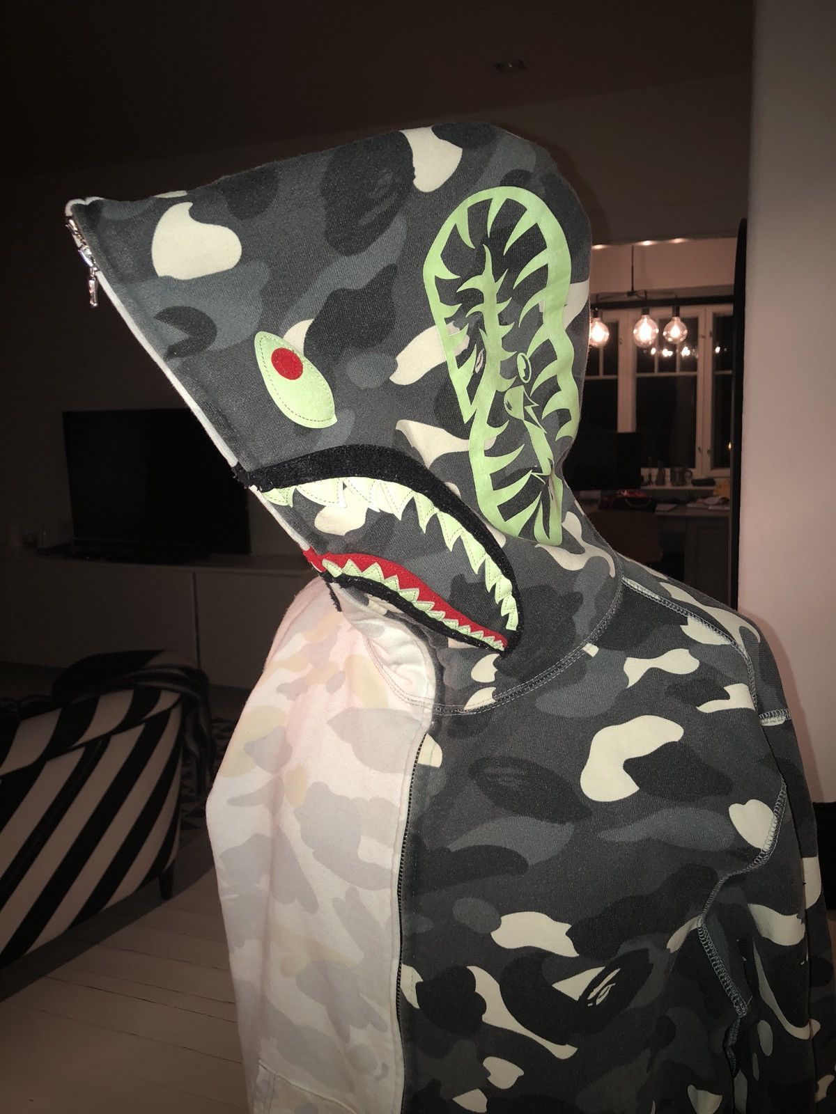 Bape Bape Shark Hoodie Black N White Glow In The Dark Grailed