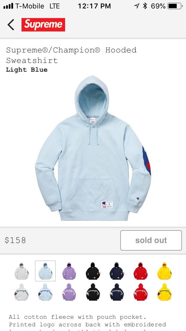 Supreme Champion Hooded Sweatshirt (SS18) Light Blue