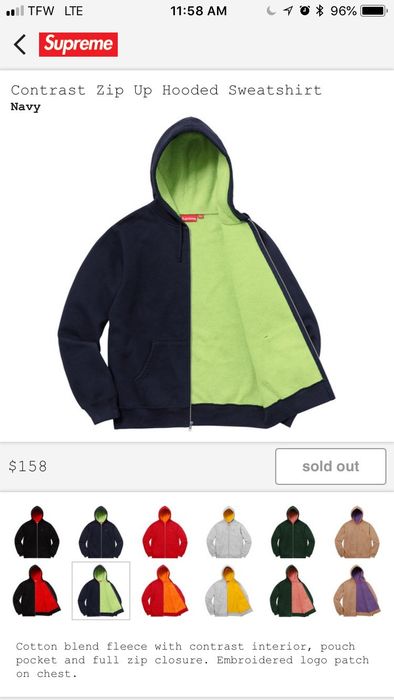 Supreme Navy Blue Contrast Zip-Up Hooded Sweatshirt