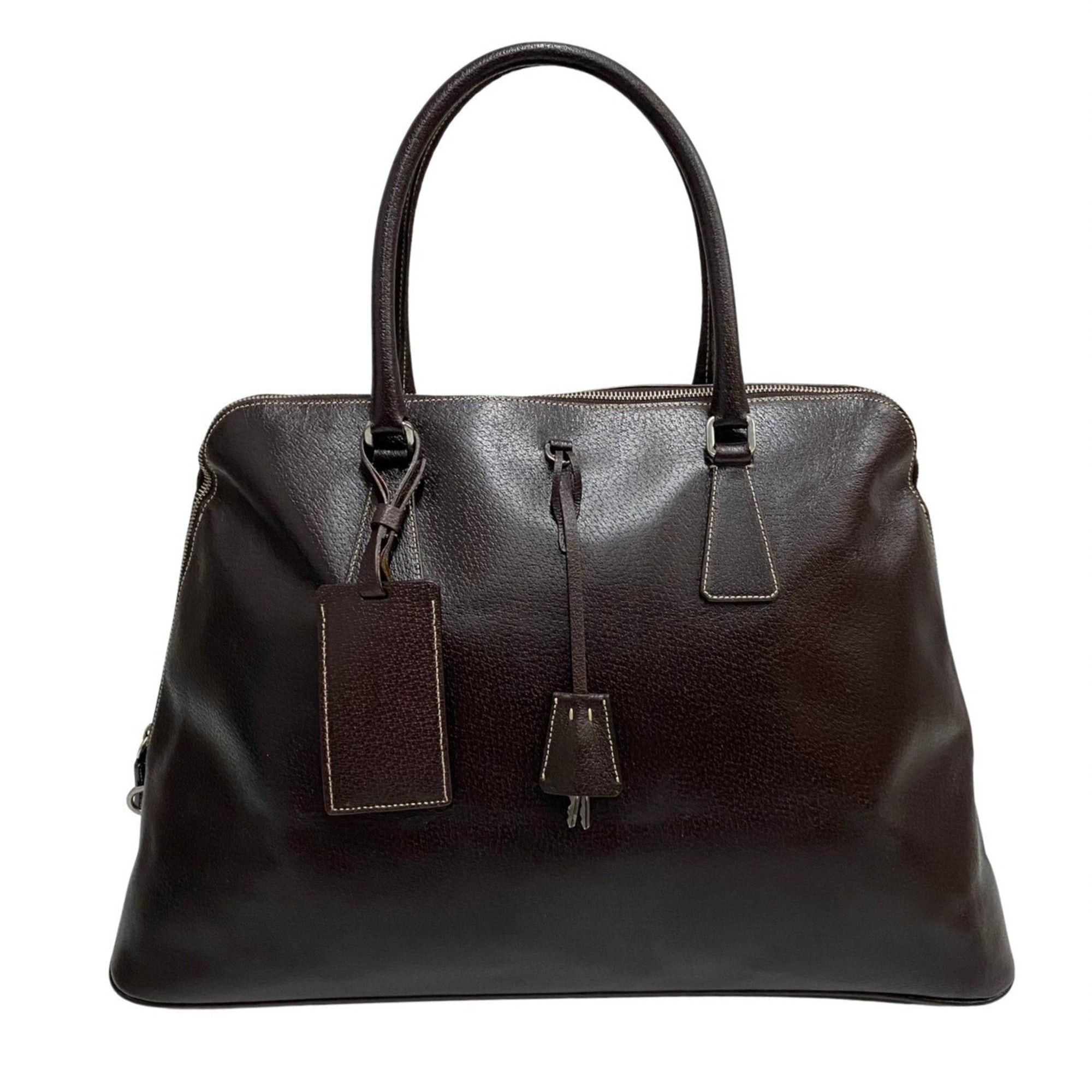 Prada PRADA triangle logo metal fittings leather genuine handbag tote bag mini Boston brown Size ONE SIZE - 4 Thumbnail