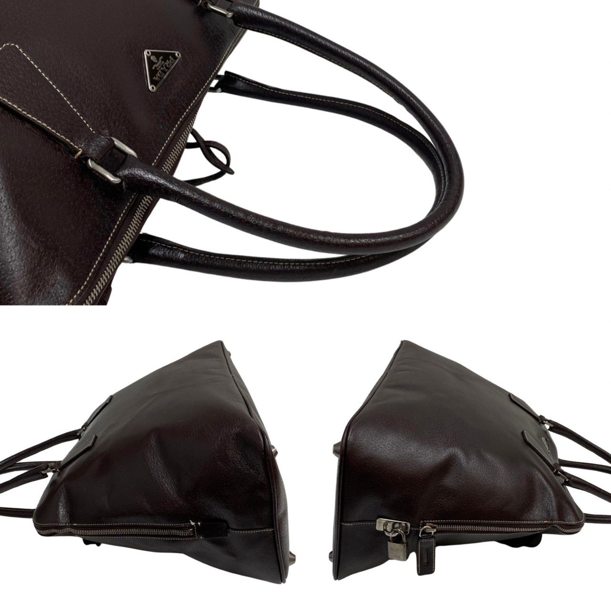 Prada PRADA triangle logo metal fittings leather genuine handbag tote bag mini Boston brown Size ONE SIZE - 5 Thumbnail
