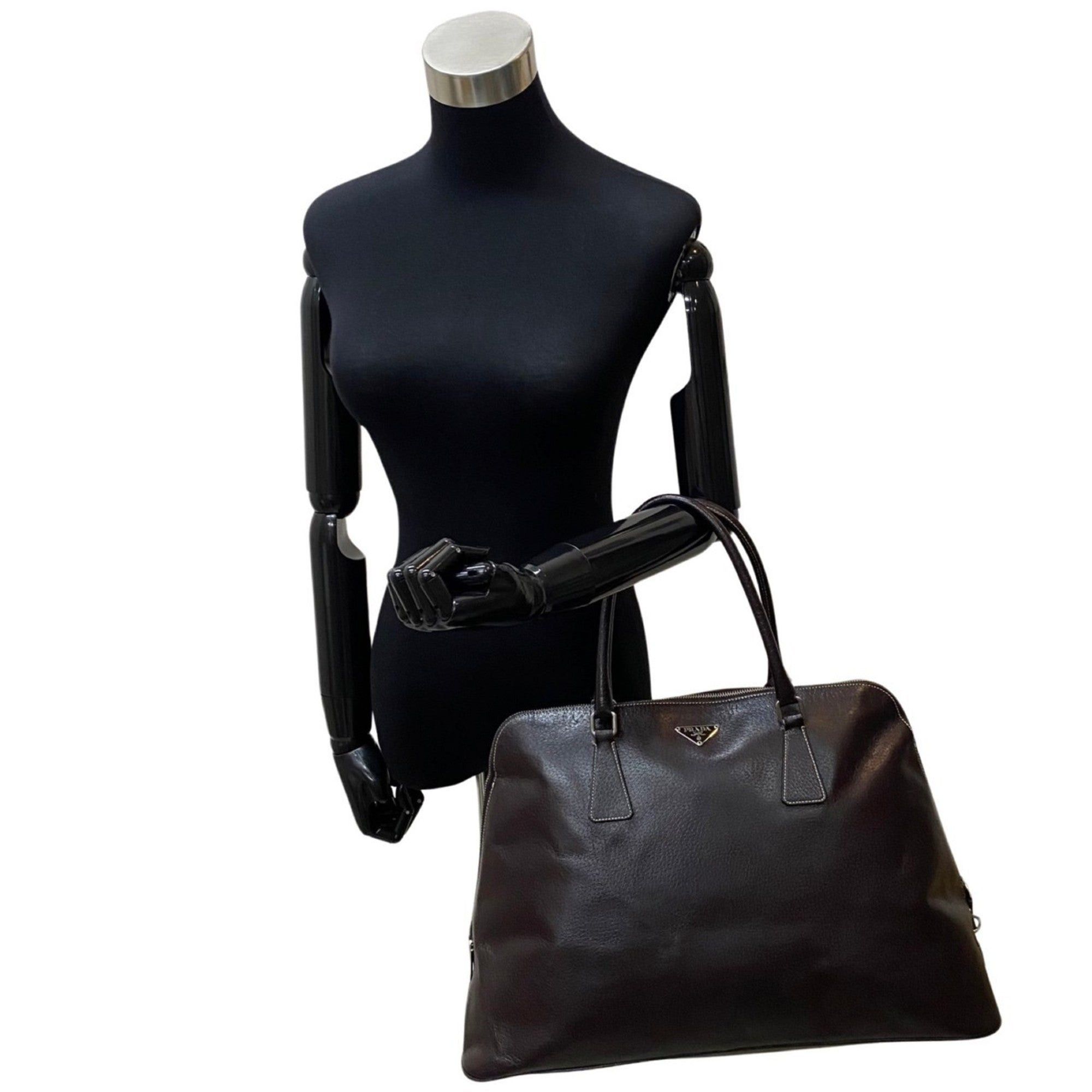 Prada PRADA triangle logo metal fittings leather genuine handbag tote bag mini Boston brown Size ONE SIZE - 2 Preview