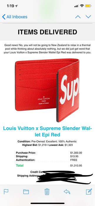 Louis vuitton x supreme store slender wallet epi red