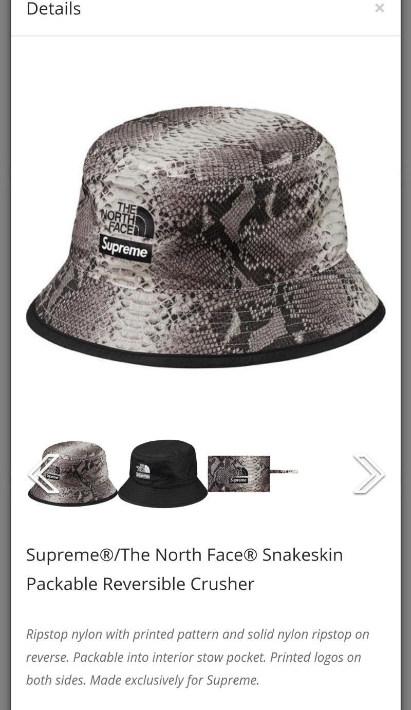 Supreme x The North Face Snakeskin Packable Reversible Crusher Bucket Hat  S/M