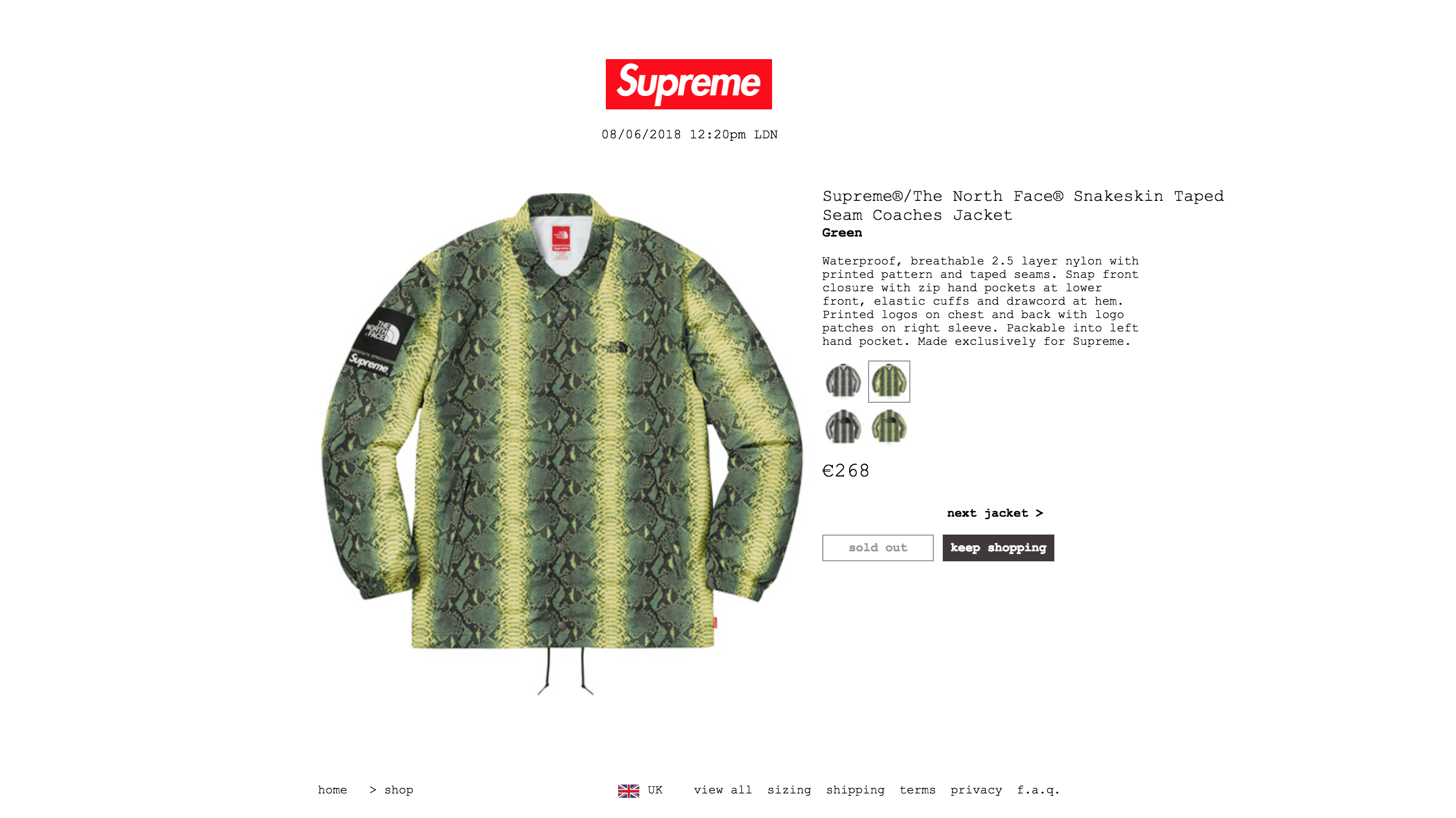 Supreme the north face snakeskin outlet taped seam coaches jacket green