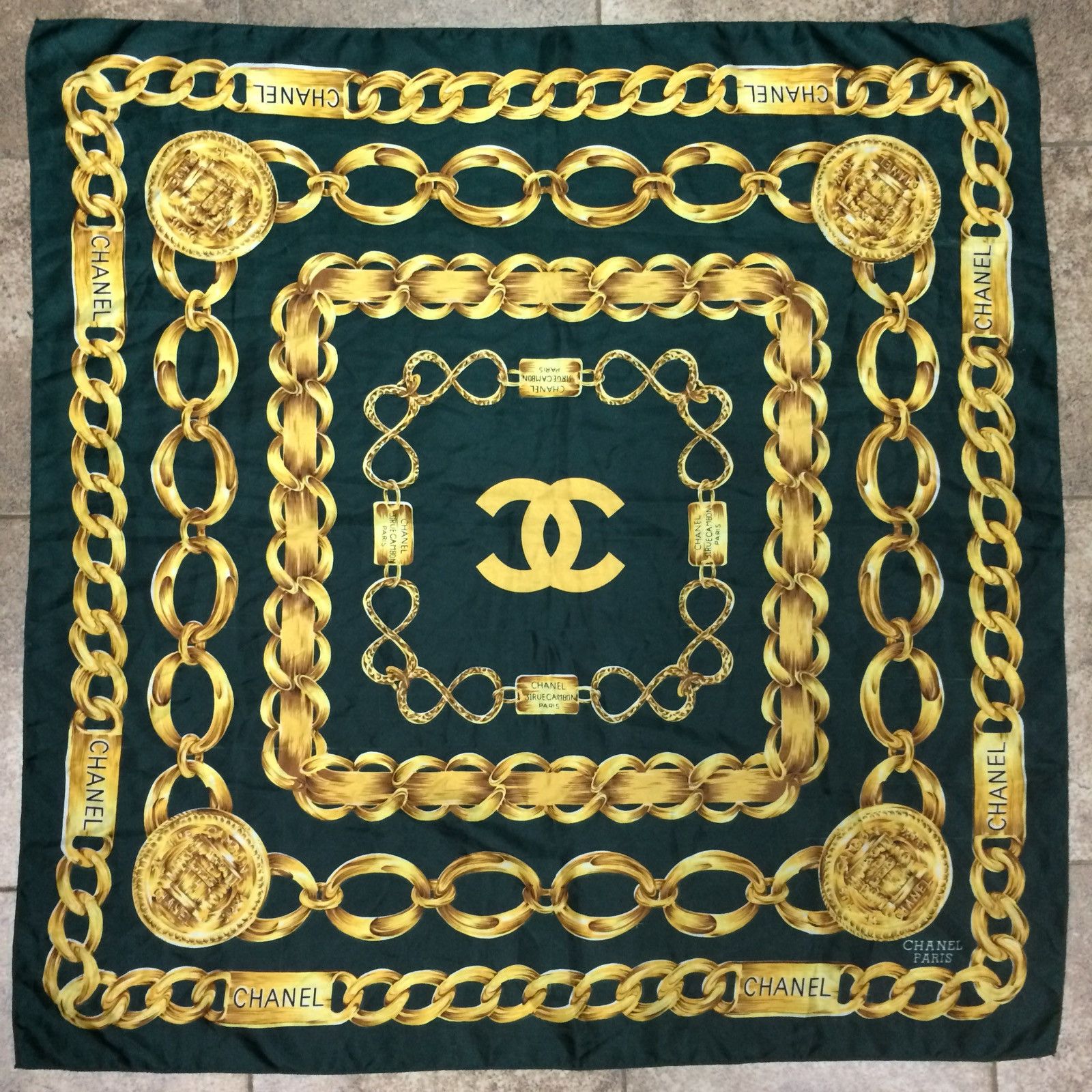 VTG Olive Green on sale Gold Ribbon Chanel Print Large Scarf