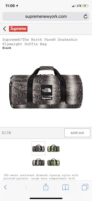 Supreme the north face snakeskin flyweight duffle hot sale bag black