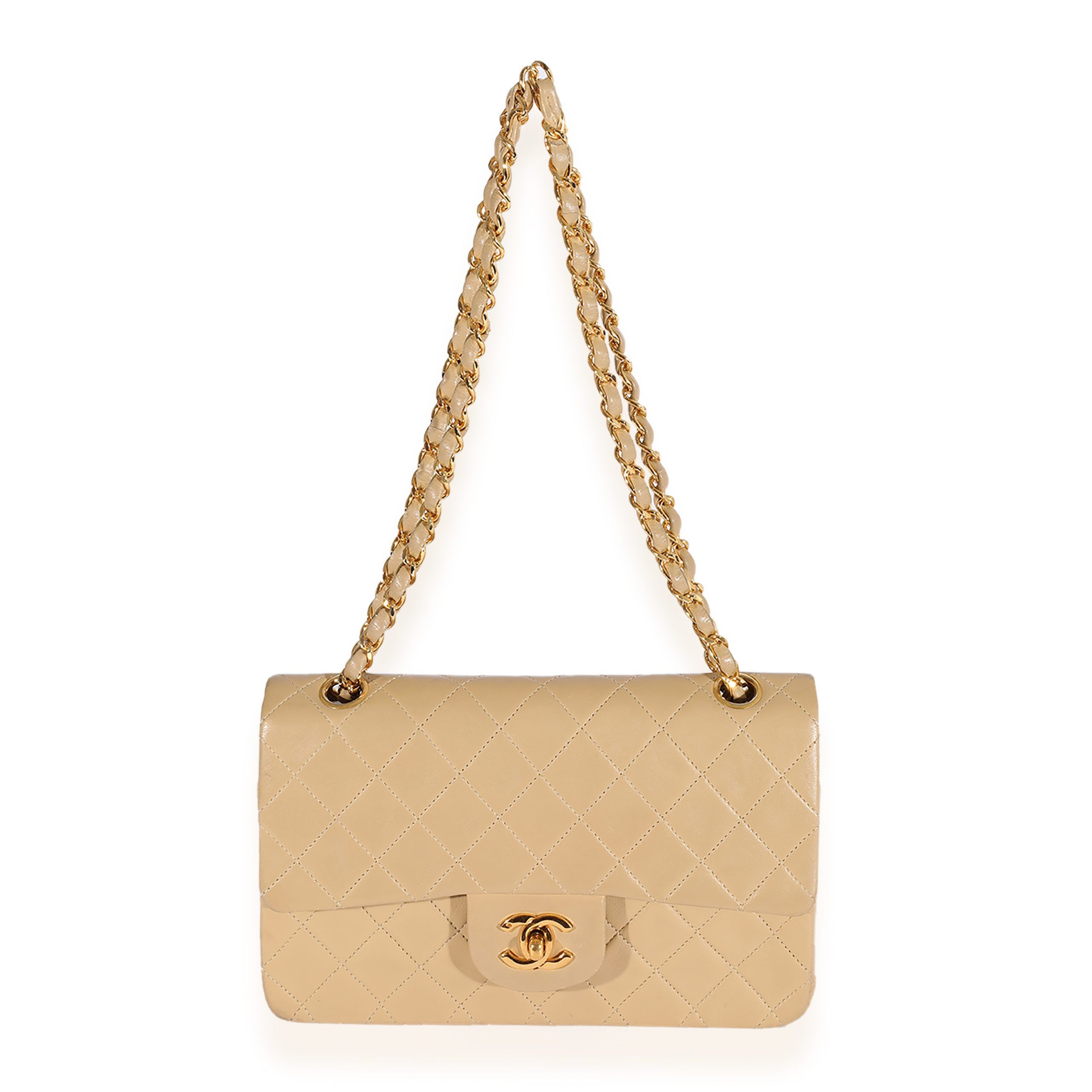Chanel Vintage Beige Quilted Lambskin Small Classic Double Flap Bag