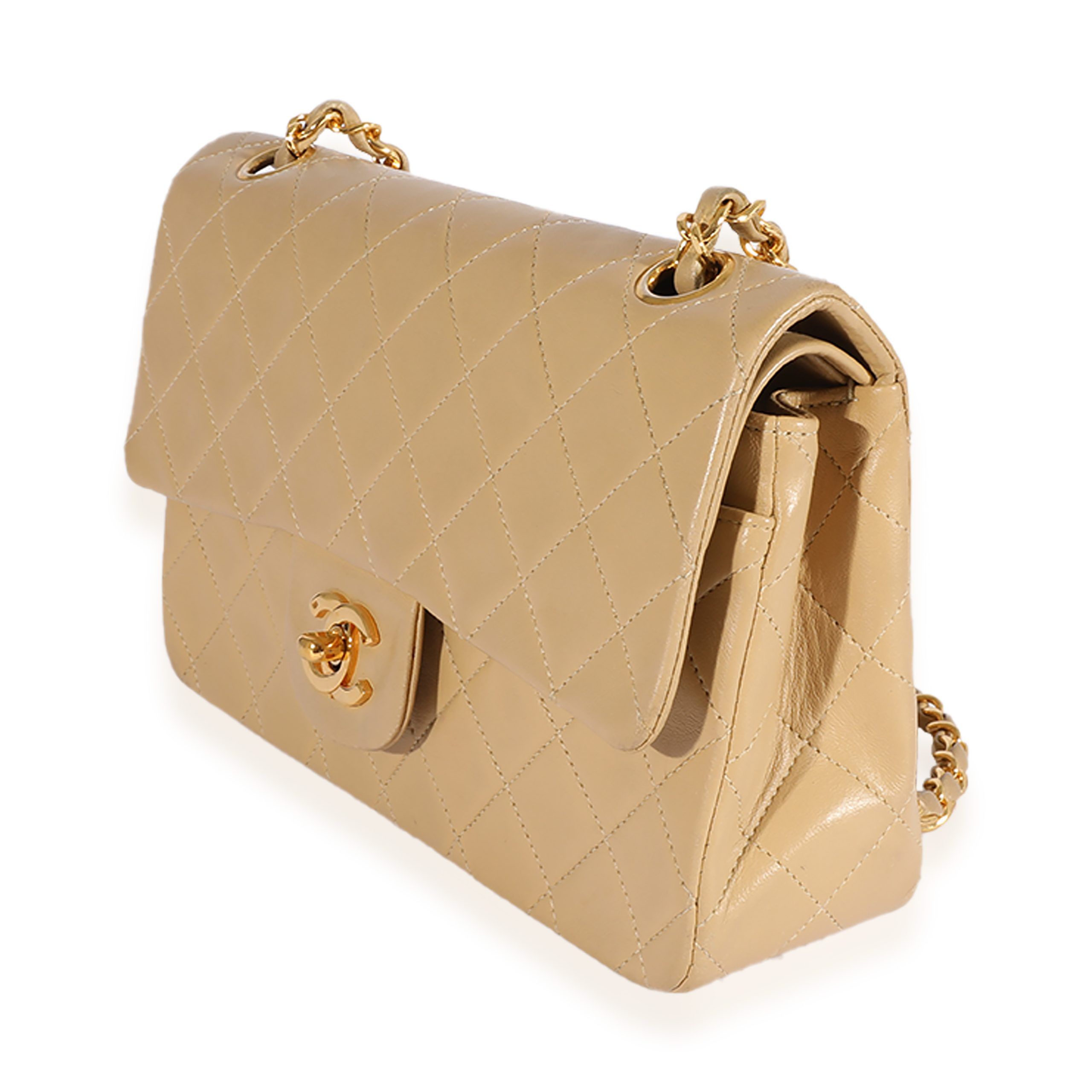 Chanel Vintage Beige Quilted Lambskin Small Classic Double Flap Bag