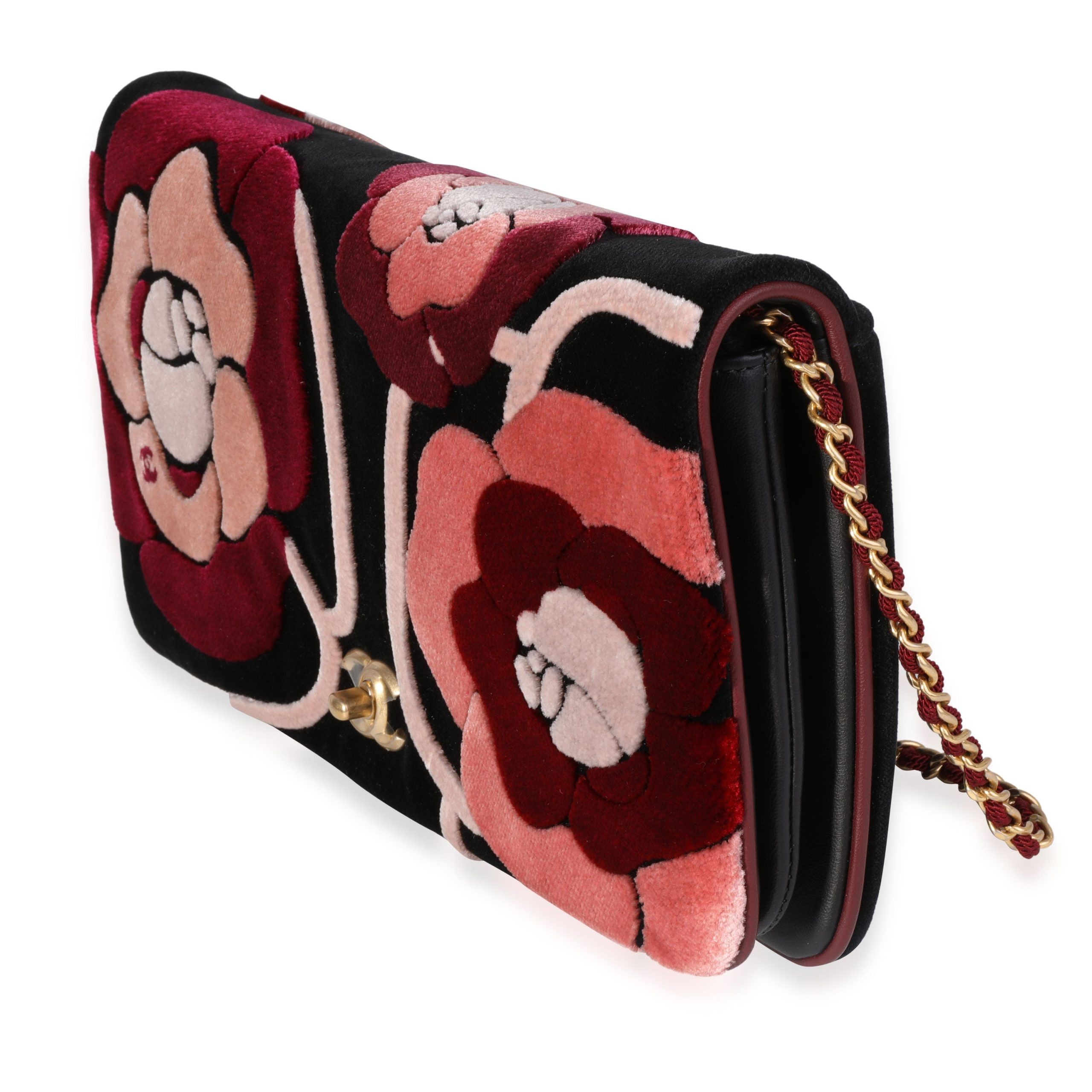 Chanel Black, Pink, Red Velvet Camellia Clutch with Chain