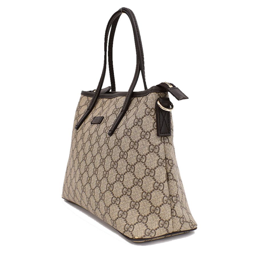 Gucci 2way Tote Handbag GG Supreme Beige Dark Brown PVC Leather