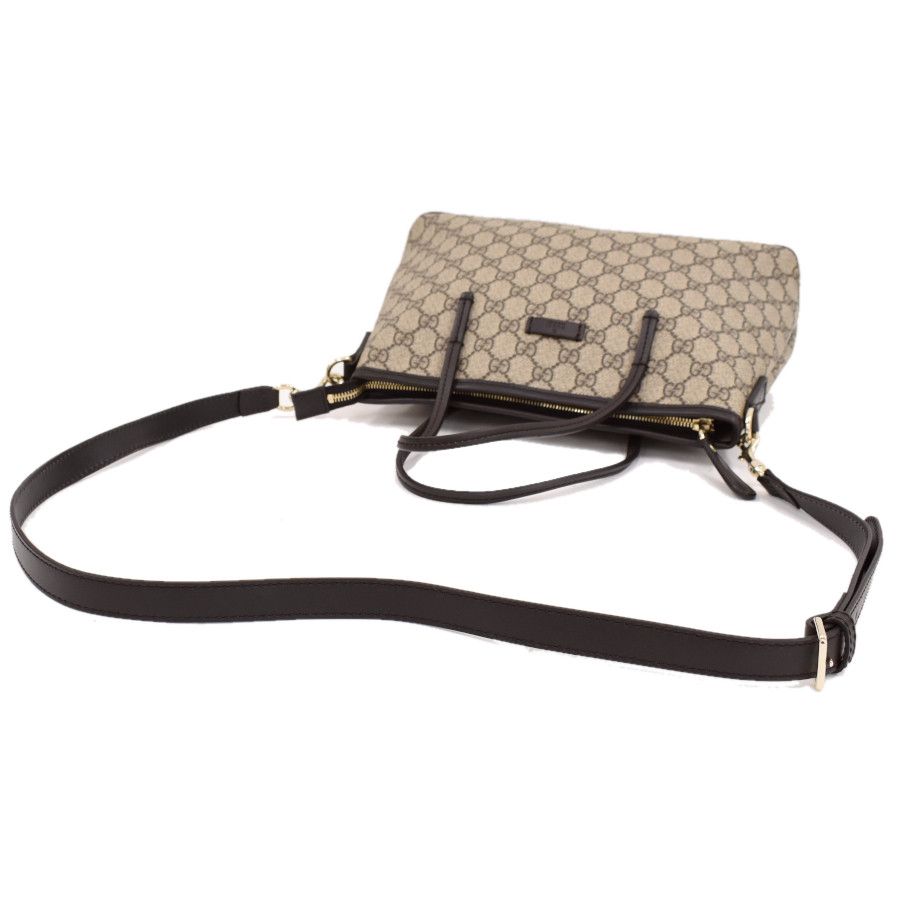 Gucci 2way Tote Handbag GG Supreme Beige Dark Brown PVC Leather